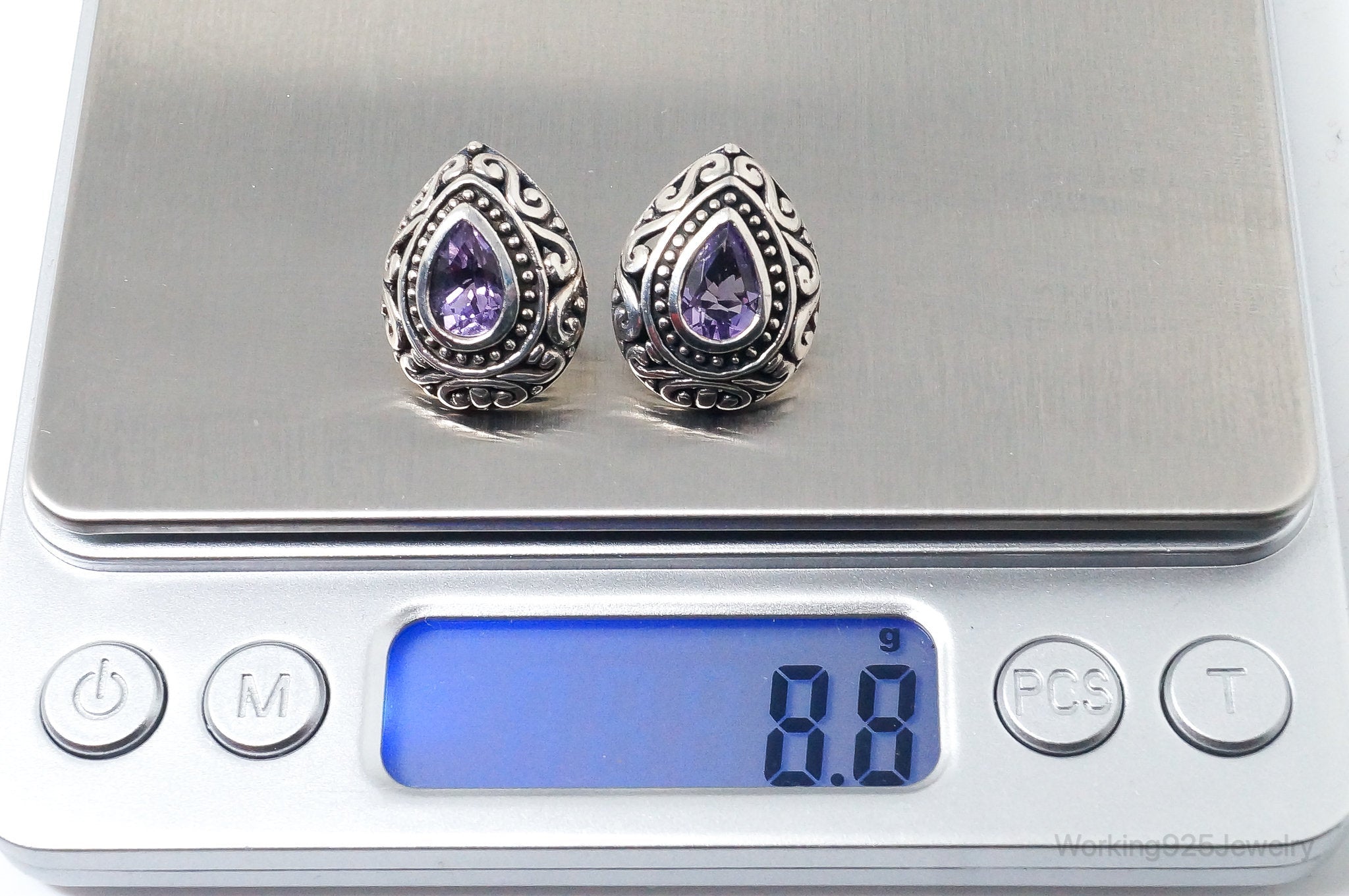 Vintage Designer Amethyst Scroll Sterling Silver Earrings