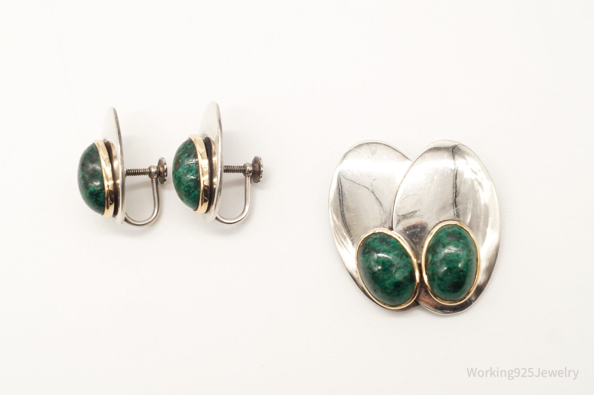 Vintage Carlos Diaz Malachite Gold Sterling Silver Earrings & Brooch Set