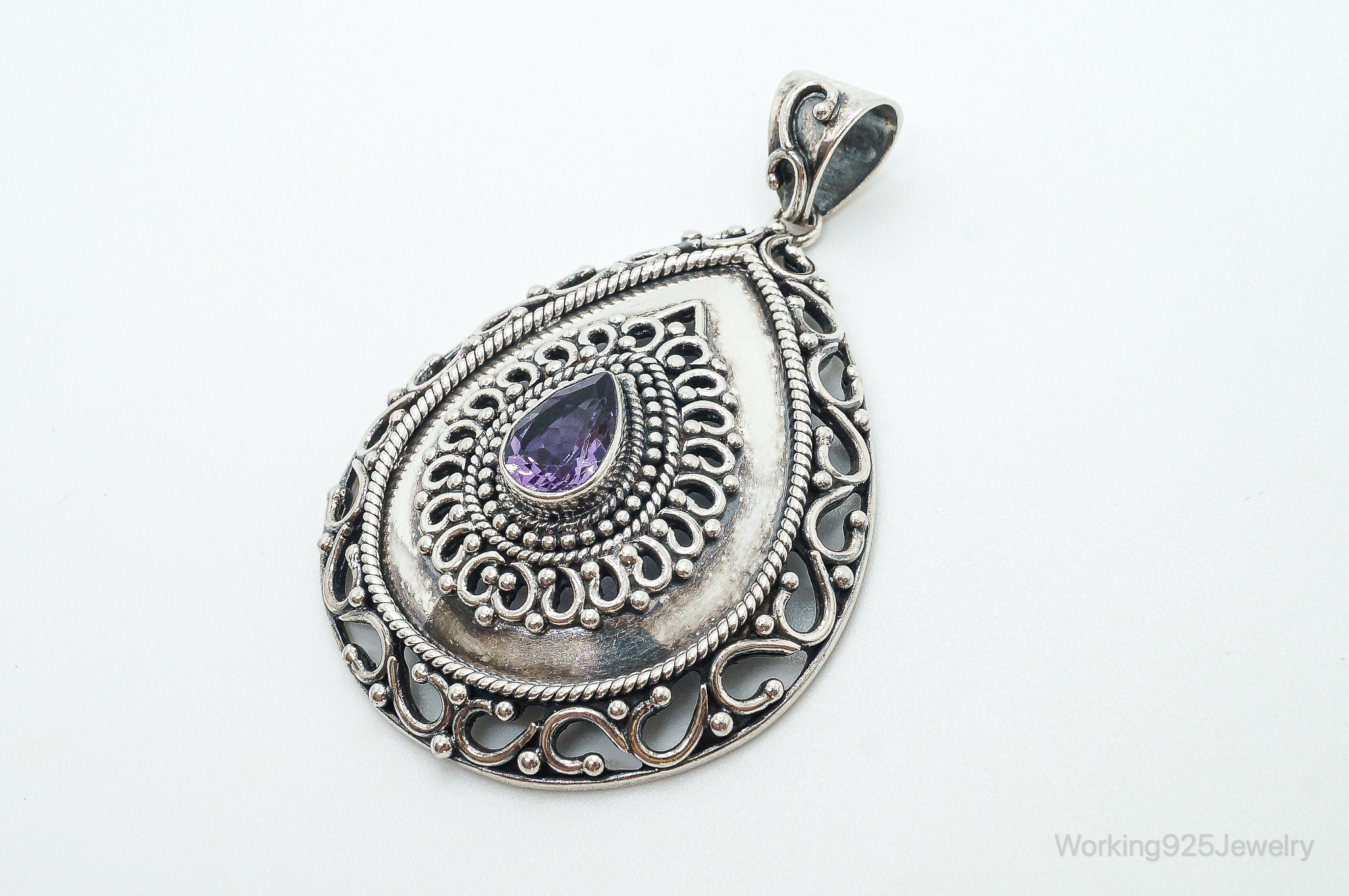 Designer Large Amethyst Bali Inspired Sterling Silver Pendant