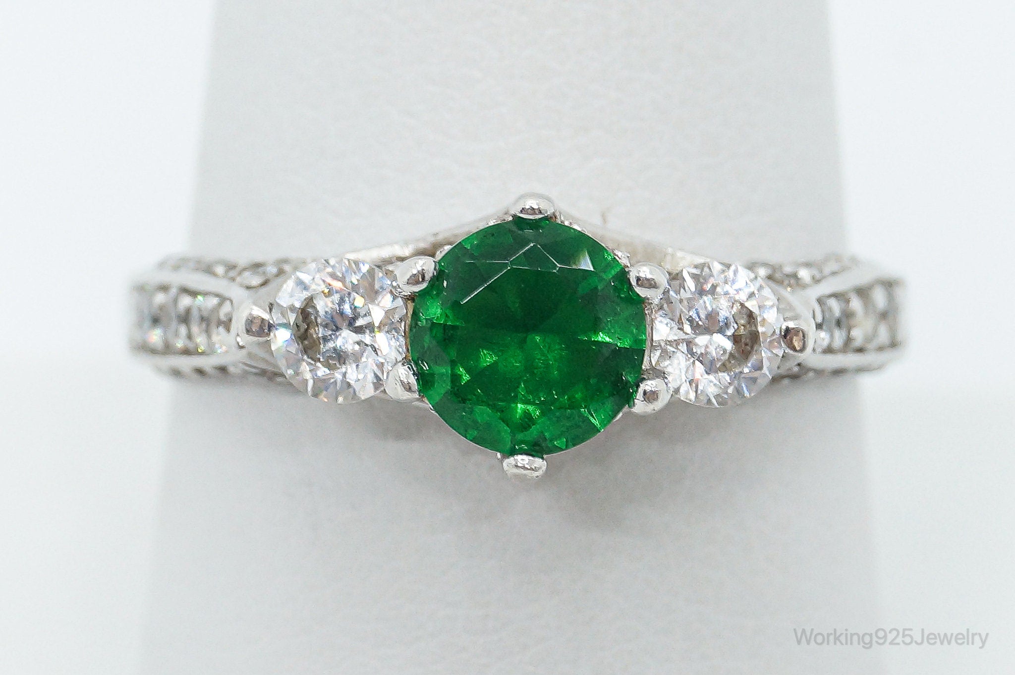 Vintage Lab Emerald Cubic Zirconia Sterling Silver Ring - Size 9