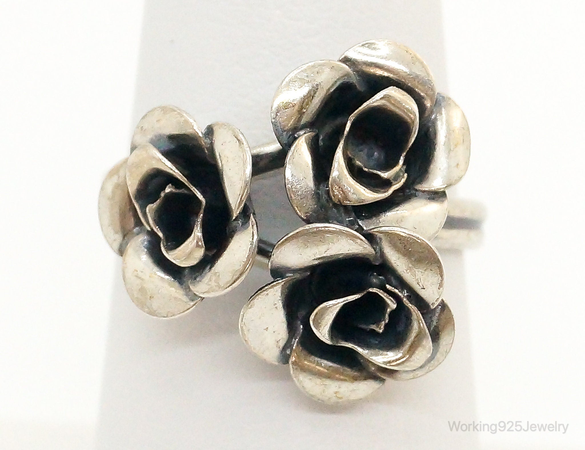 Vintage Beau Flower Bouquet Adjustable Sterling Silver Ring - Size 6.25