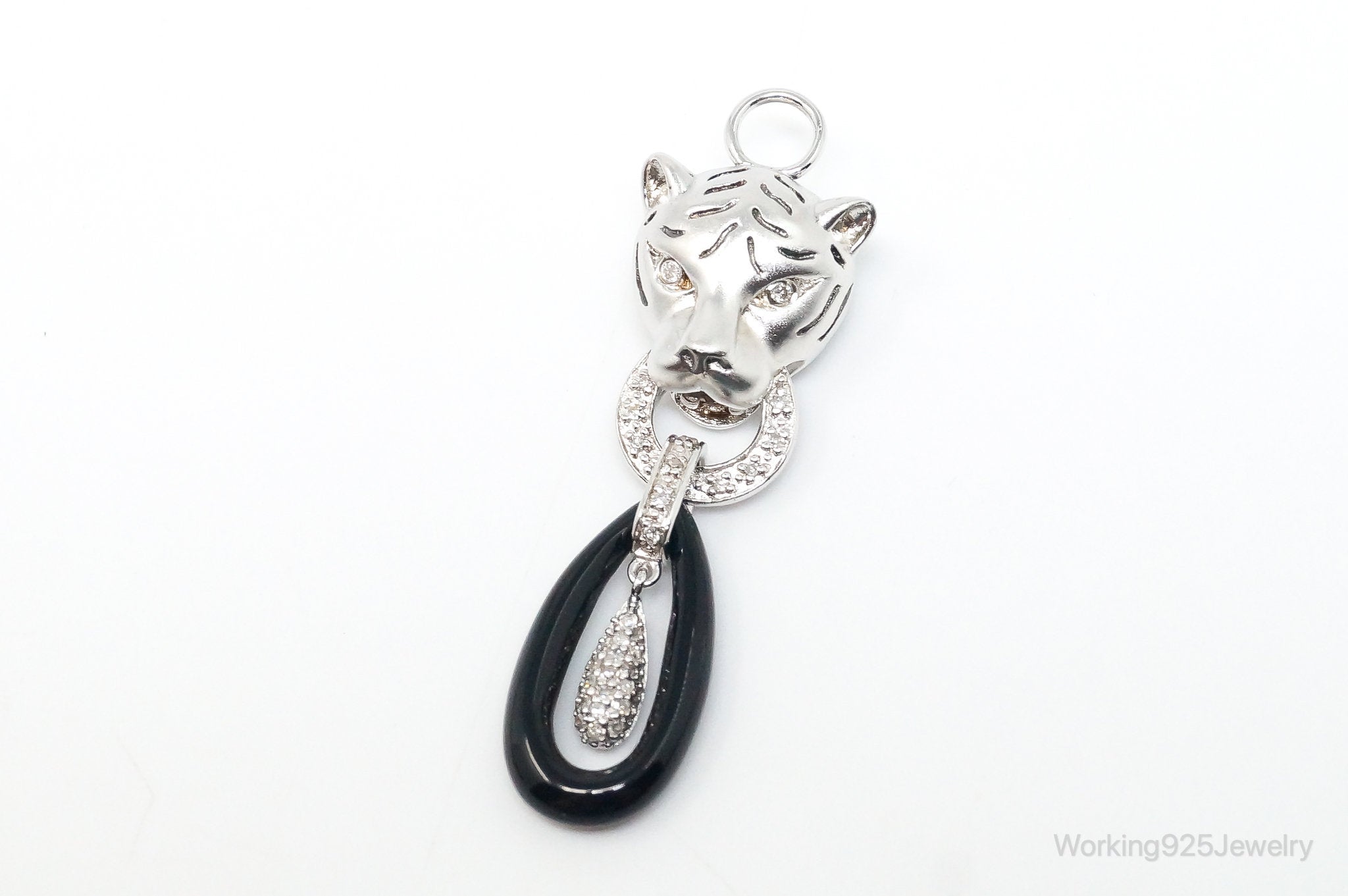 Designer EA Black Onyx Cubic Zirconia Tiger Knocker Sterling Silver Pendant