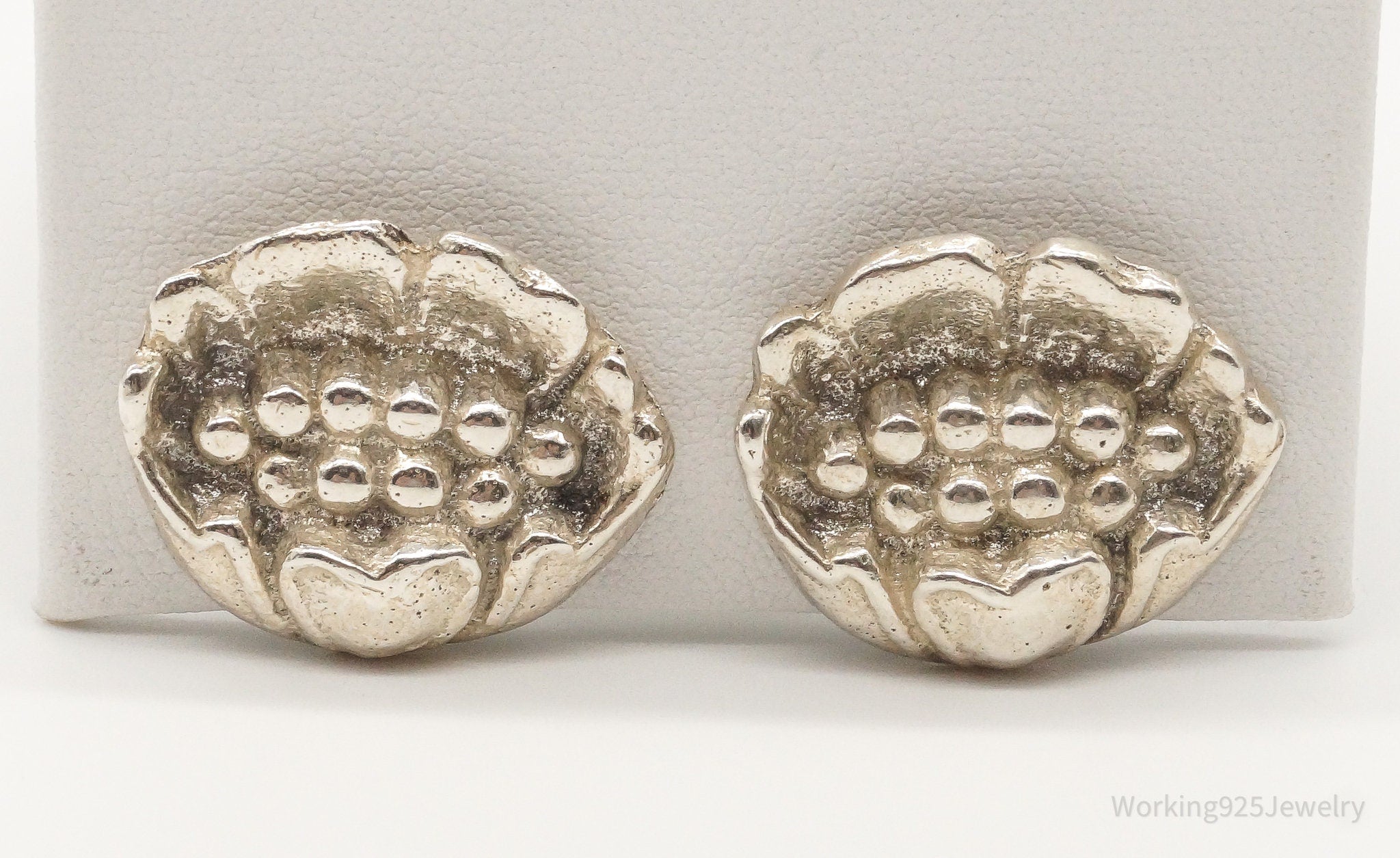 Antique Flowers Sterling Silver Screw Back Earrings