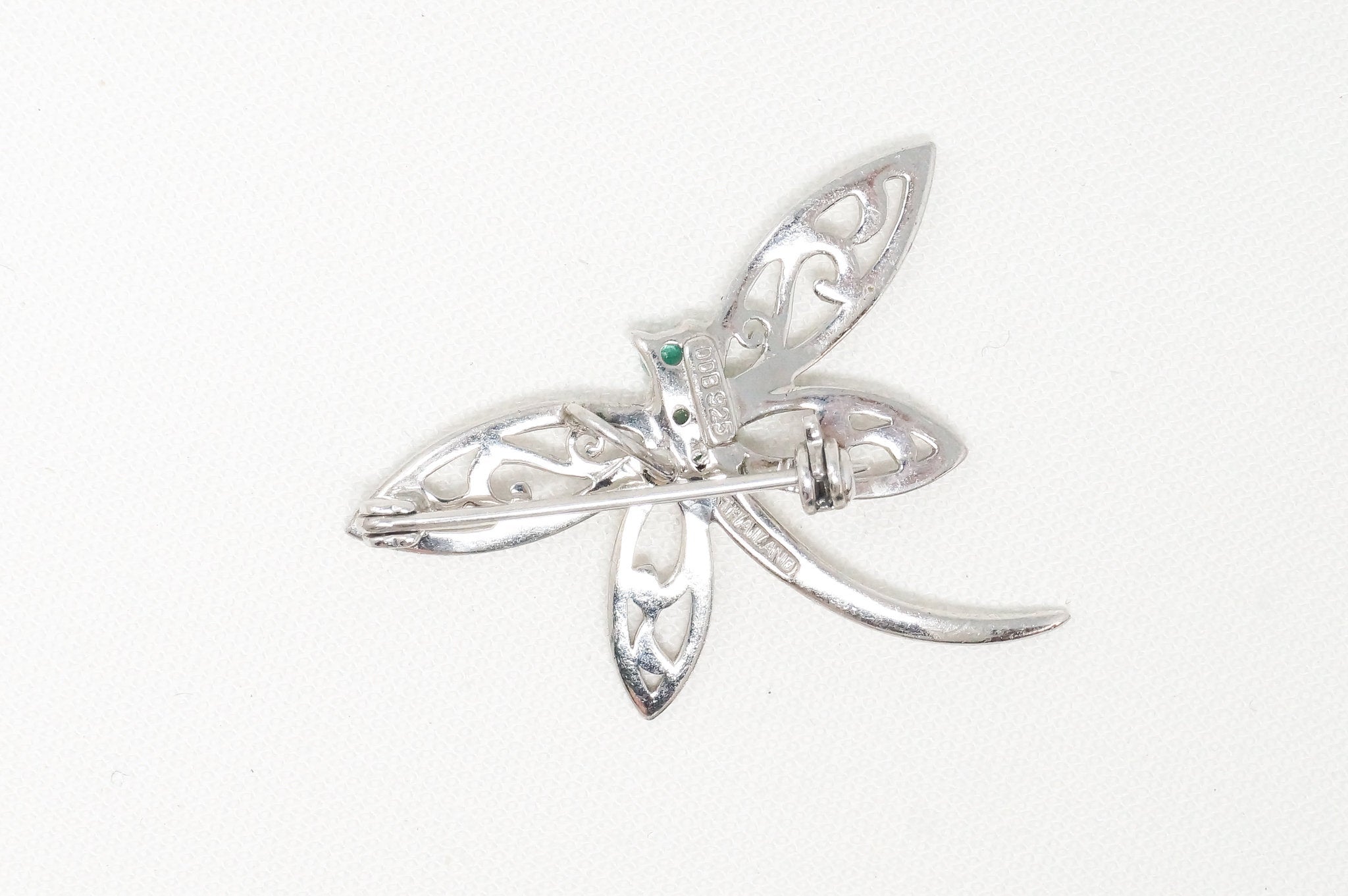 Vintage Emerald Dragonfly Sterling Silver Necklace Pendant