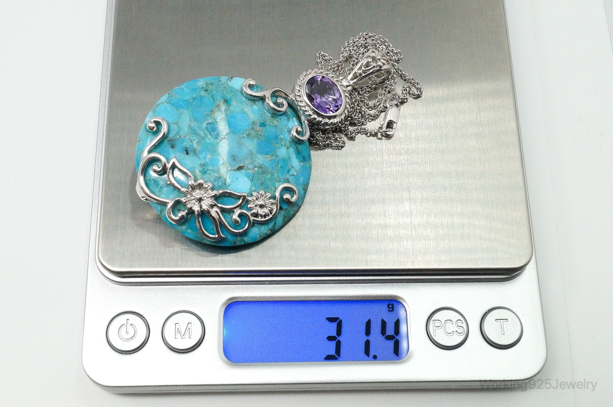 Designer Large Blue Mojave Turquoise Amethyst Sterling Silver Necklace