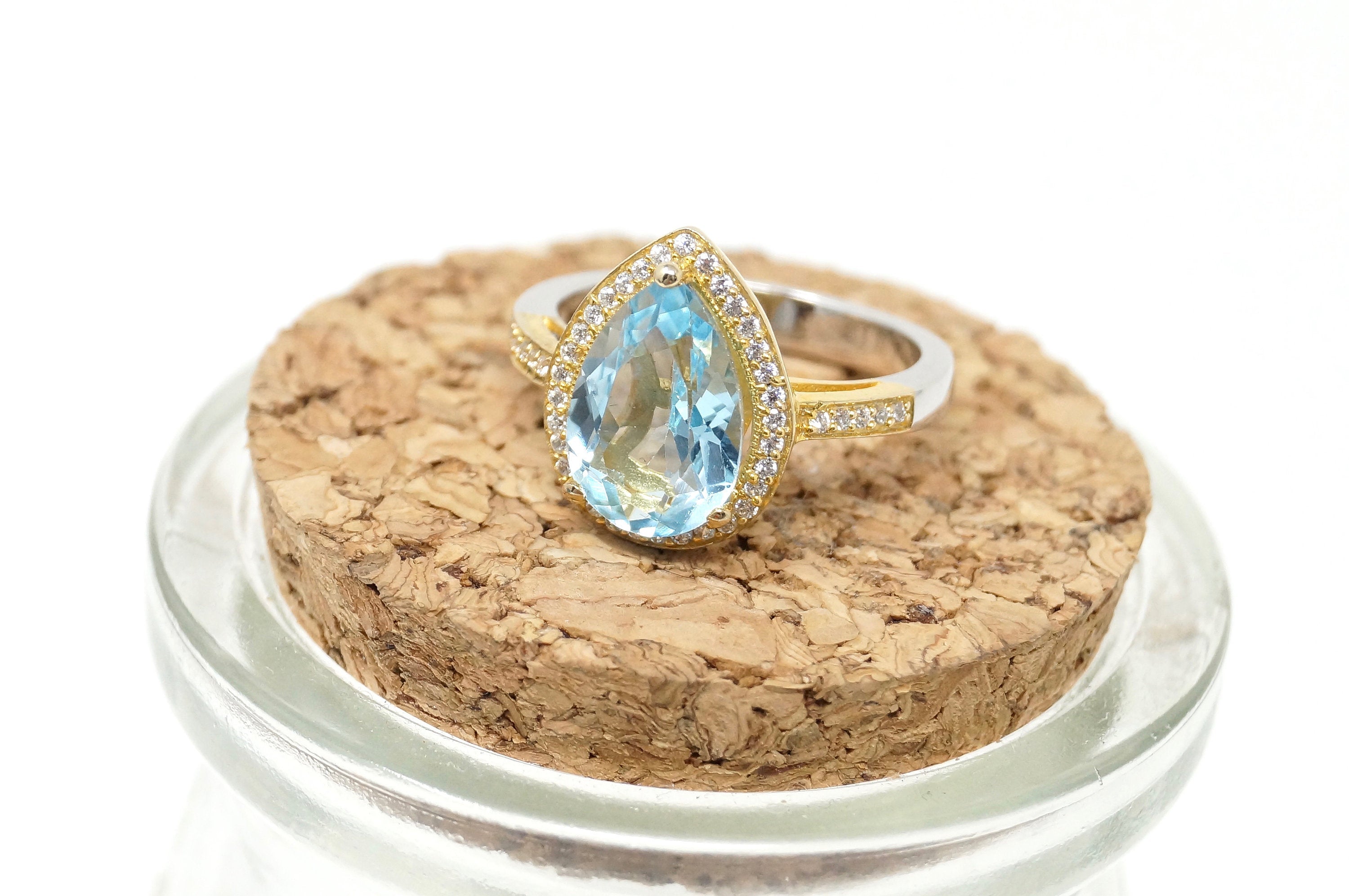 Vintage De Buman 18k Gold Genuine Sky Blue Topaz CZ Sterling Silver Ring Sz 6.75