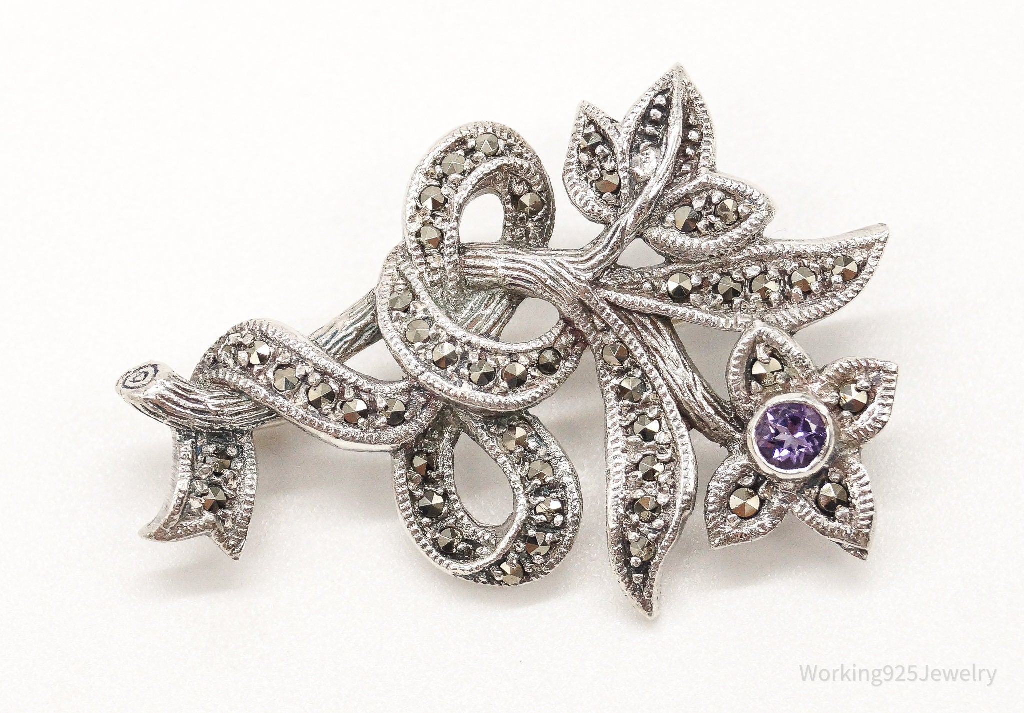 Vintage Amethyst Marcasite Sterling Silver Flower Branch Pin