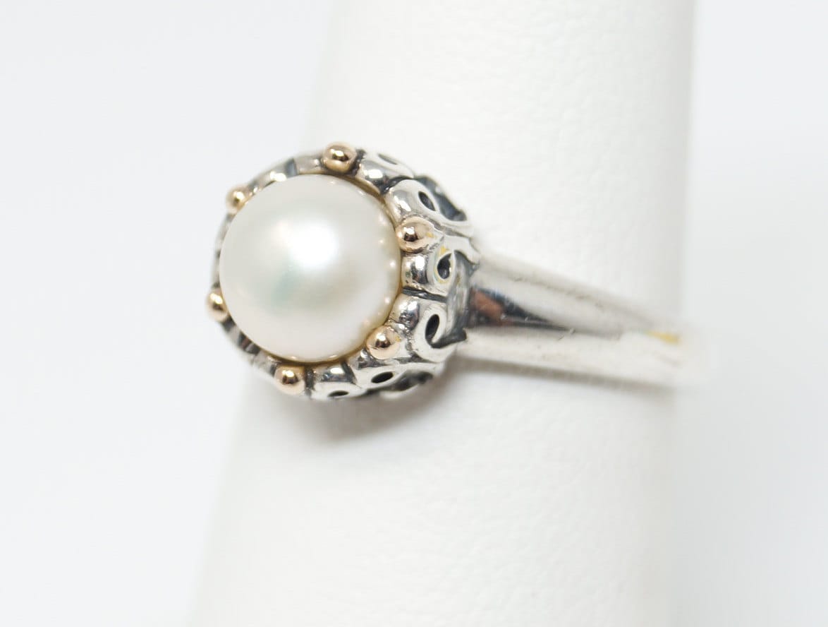 Vintage Designer ATR 14K Gold Pearl Sterling Silver Ring - Size 5.75