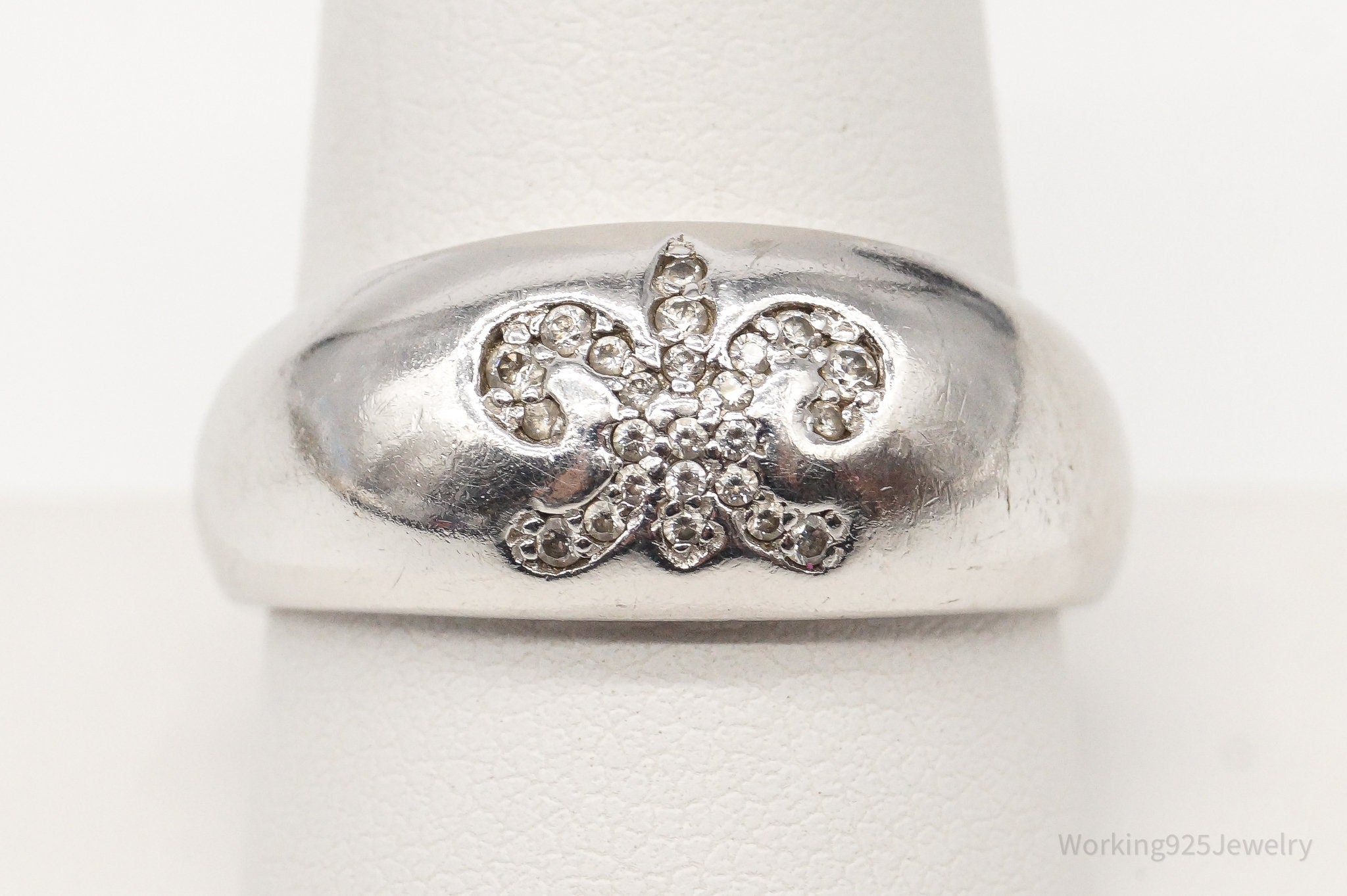 Vintage Fleur De Lis Cubic Zirconia Platinum Clad Sterling Silver Ring-Size 9.75