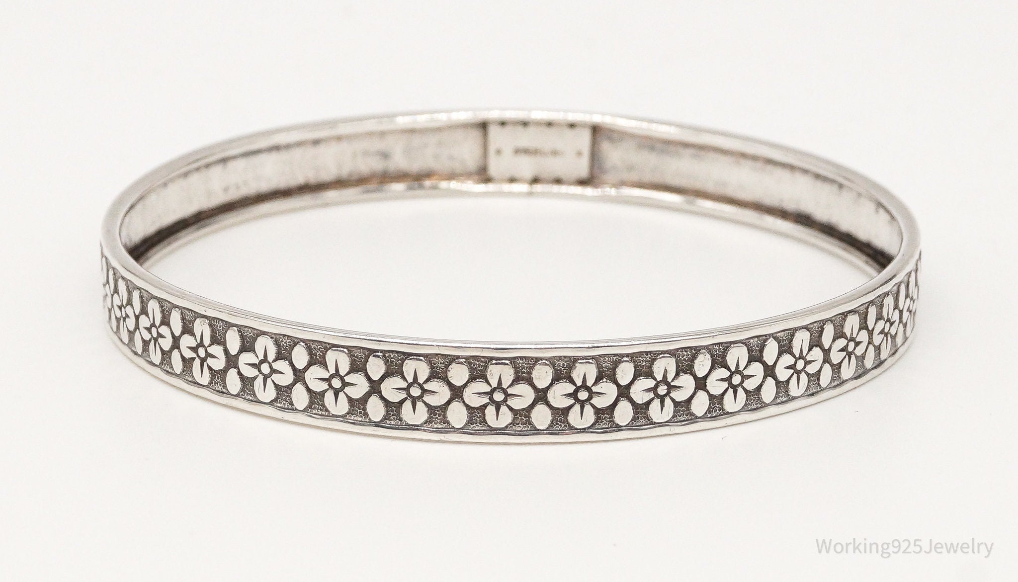 Antique Sterling Silver Floral Pattern Bangle Bracelet