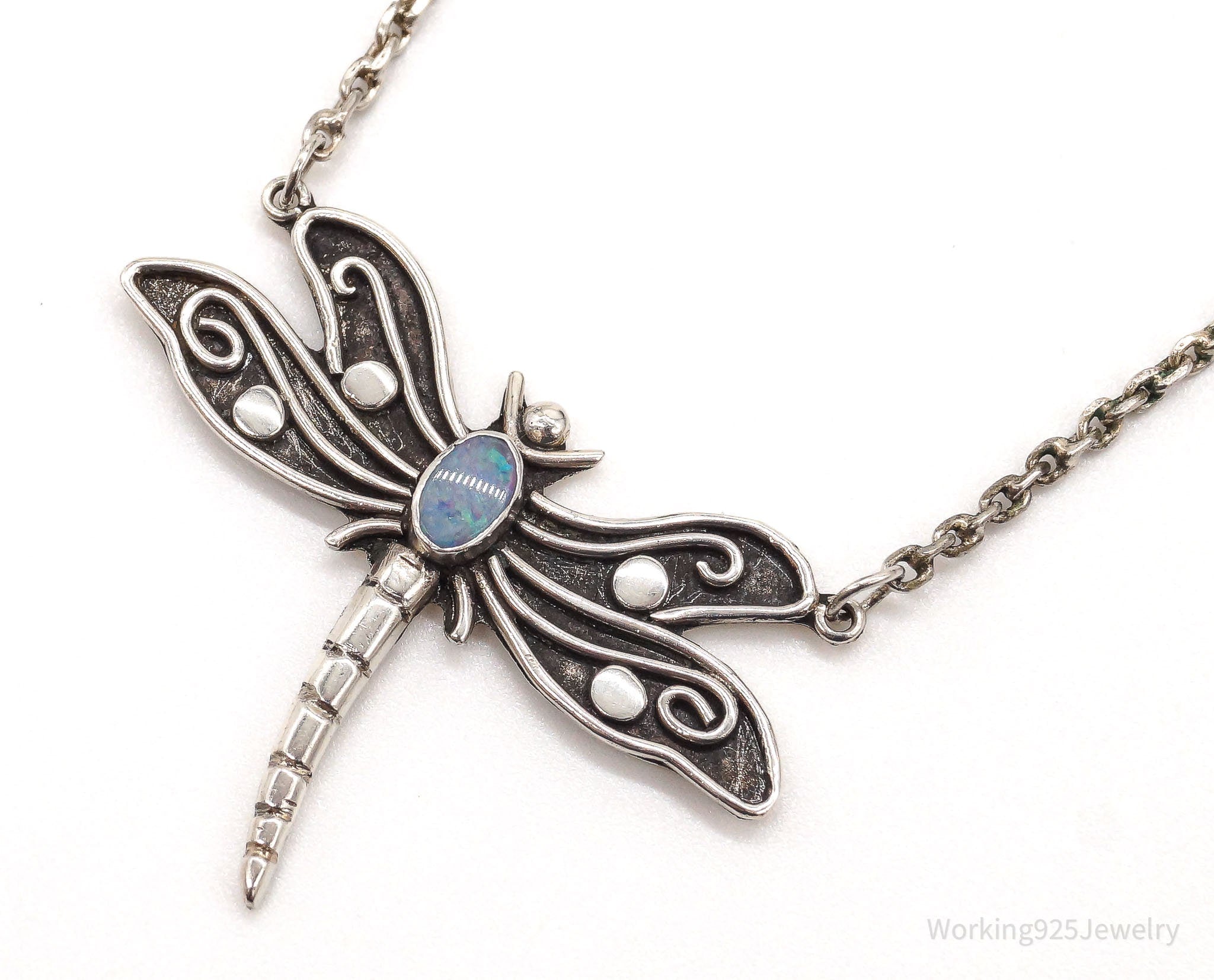 Vintage Designer Sue B Opal Dragonfly Sterling Silver Necklace