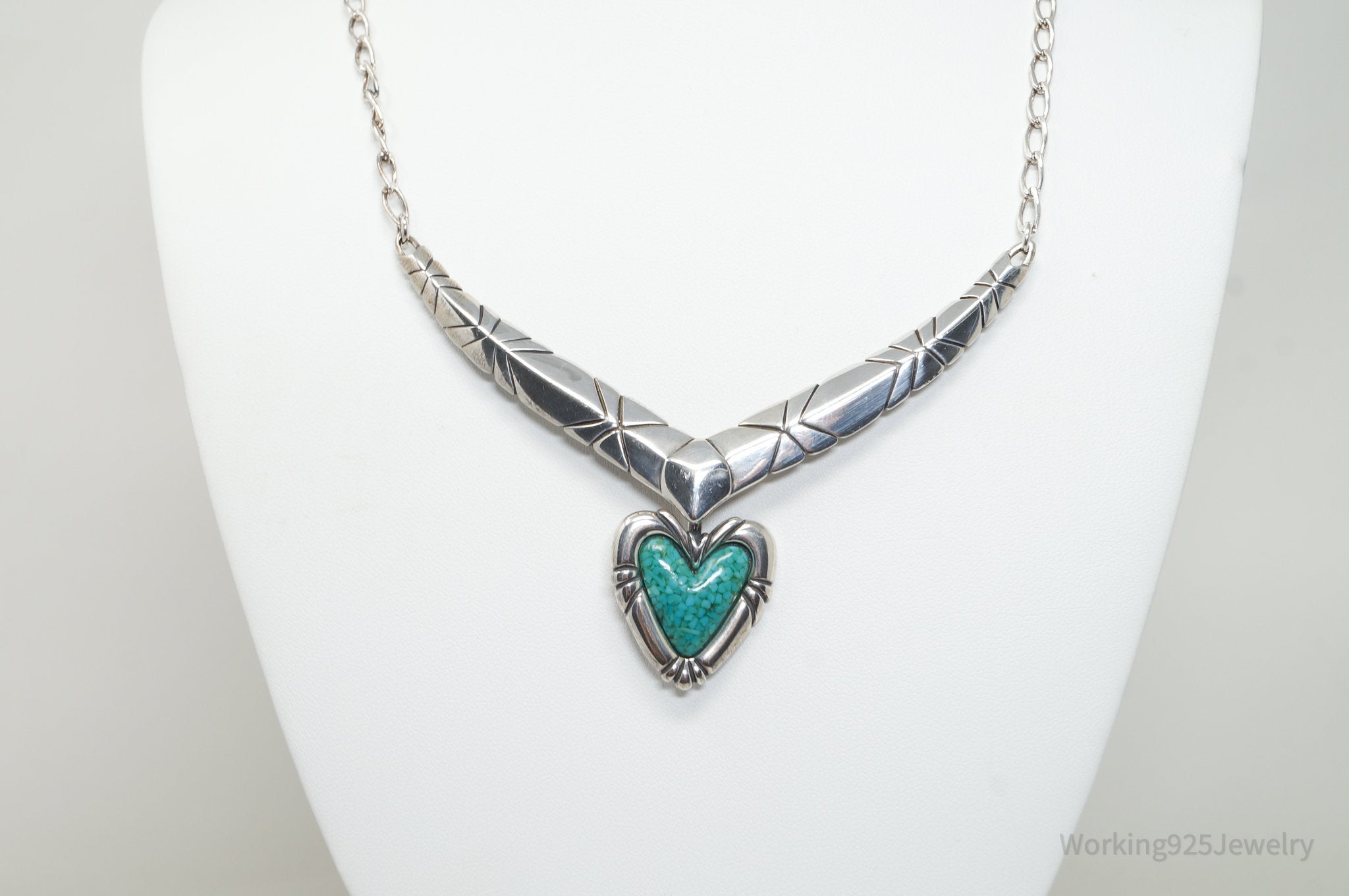 Vintage Designer Carolyn Pollack Turquoise Heart Sterling Silver Necklace