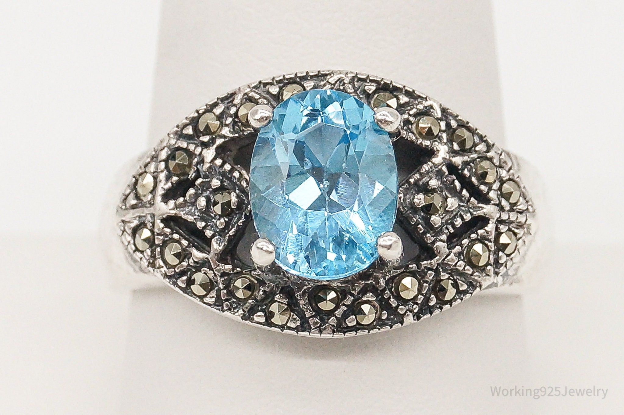 Vintage Blue Topaz Marcasite Sterling Silver Ring - Size 9.75