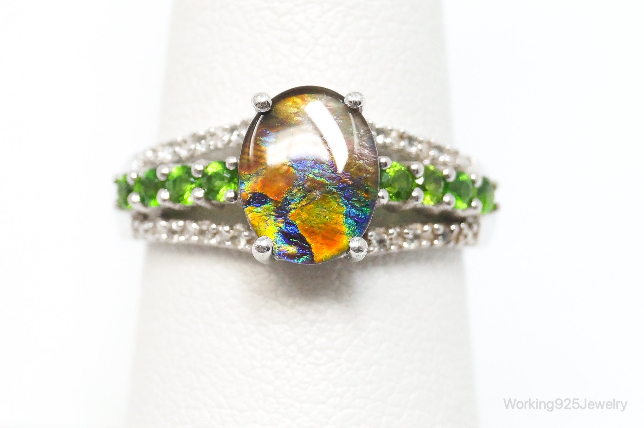 Opal Peridot Cubic Zirconia Sterling Silver Ring - SZ 7