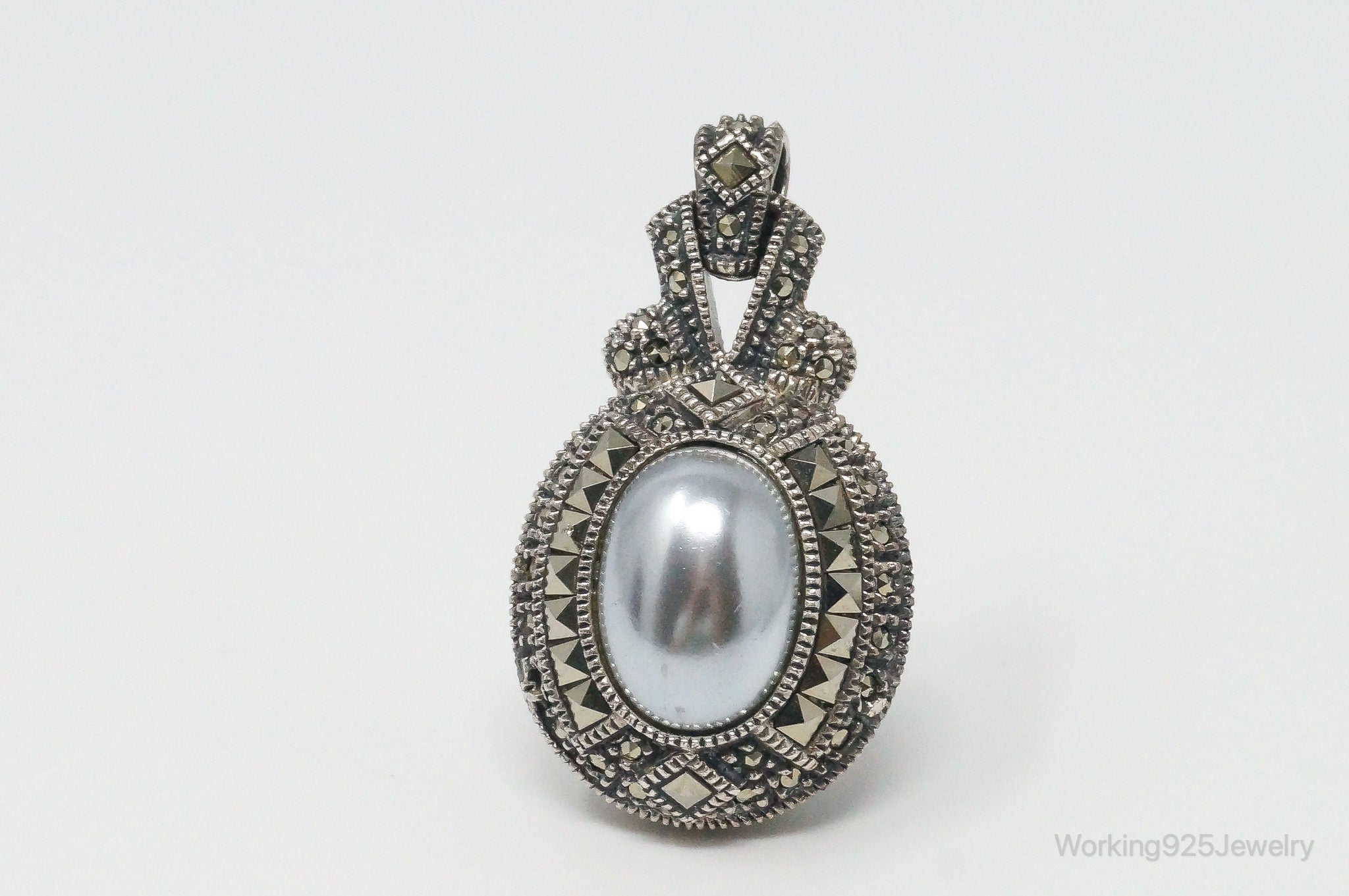 Large Vintage White Blue Pearl Marcasite Reversible Sterling Silver Pendant