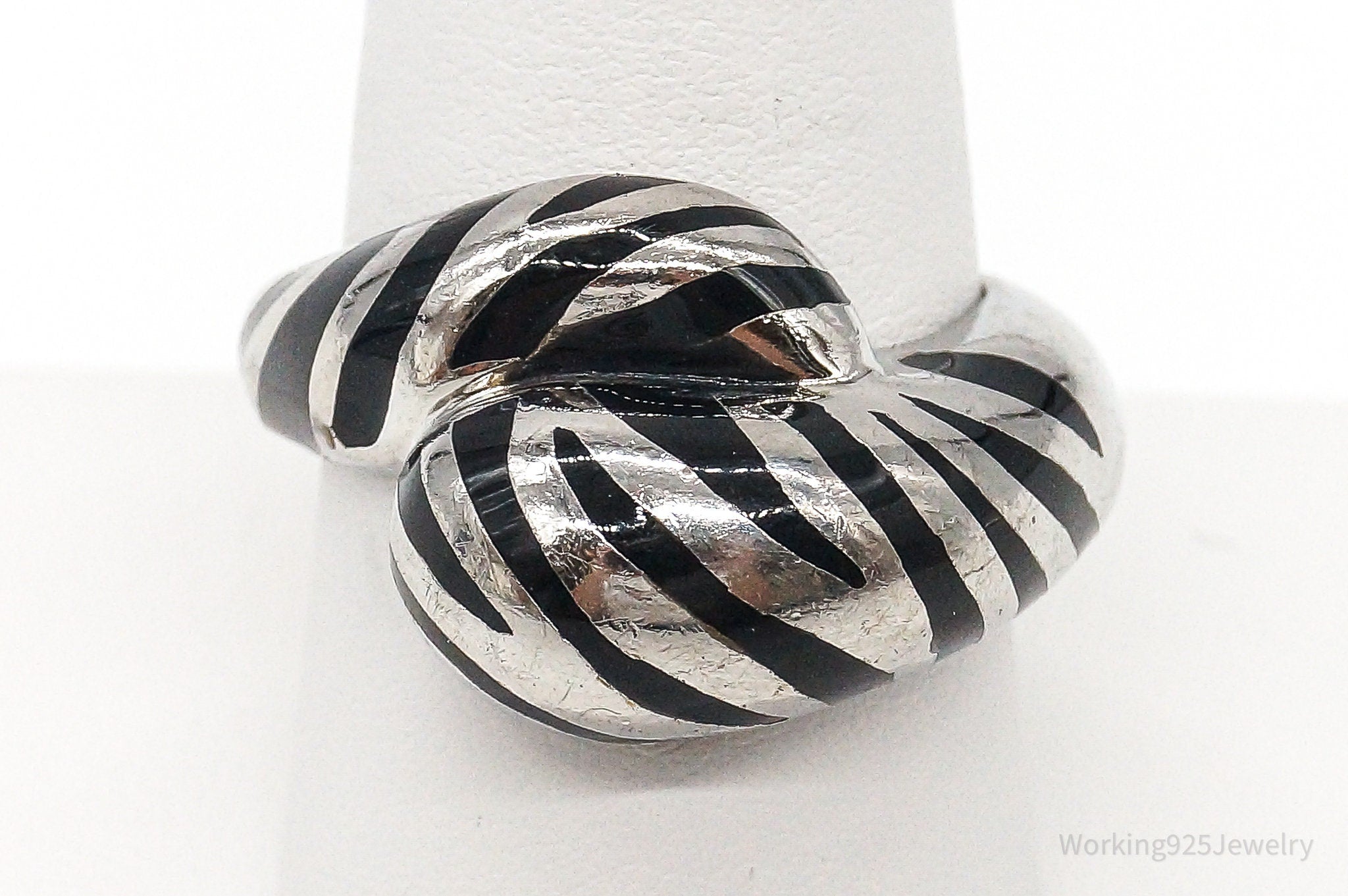 Vintage Black Enamel Zebra Stripes Design Sterling Silver Ring - Size 9