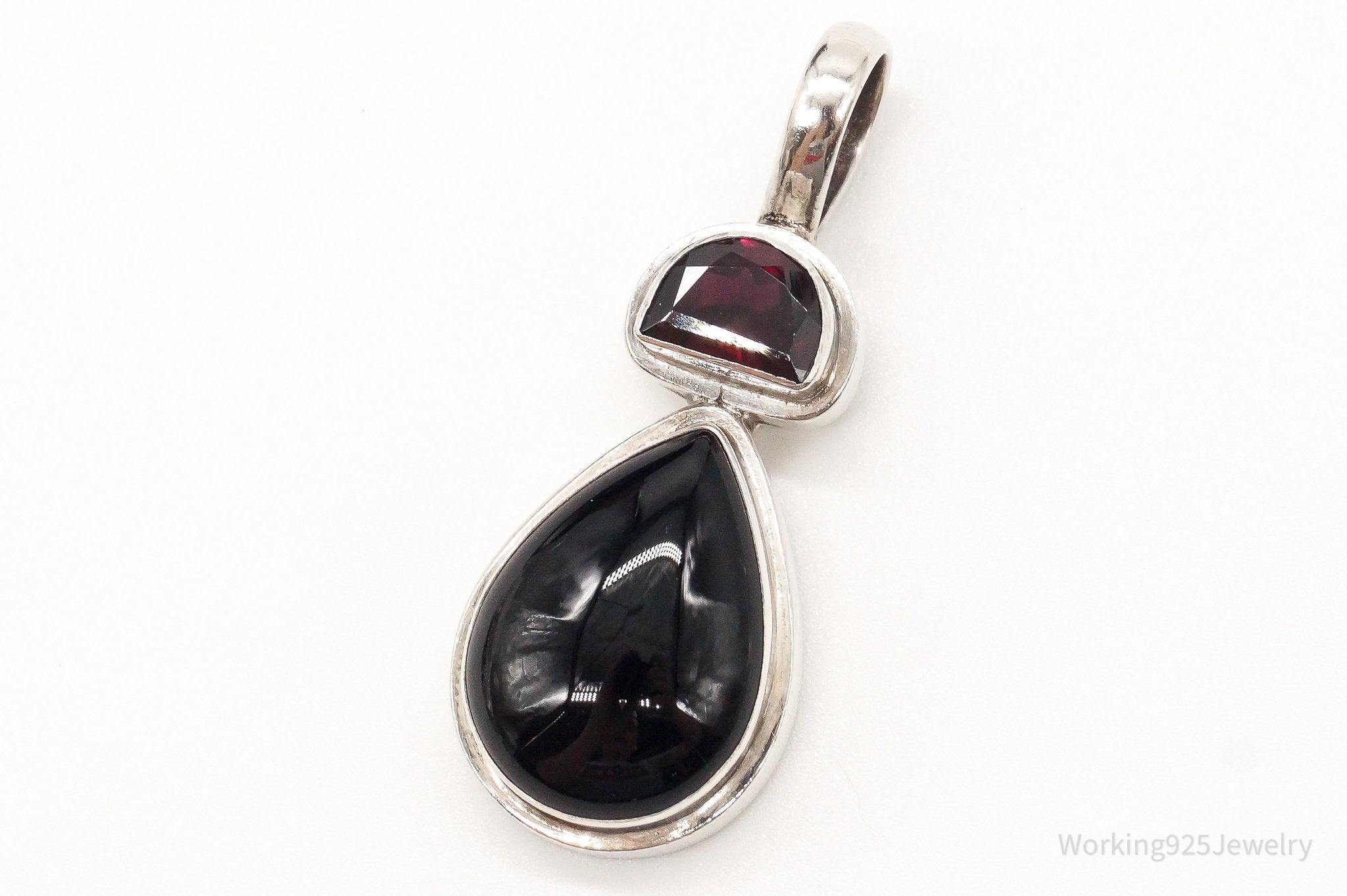 Large Vintage Black Onyx Garnet Sterling Silver Pendant