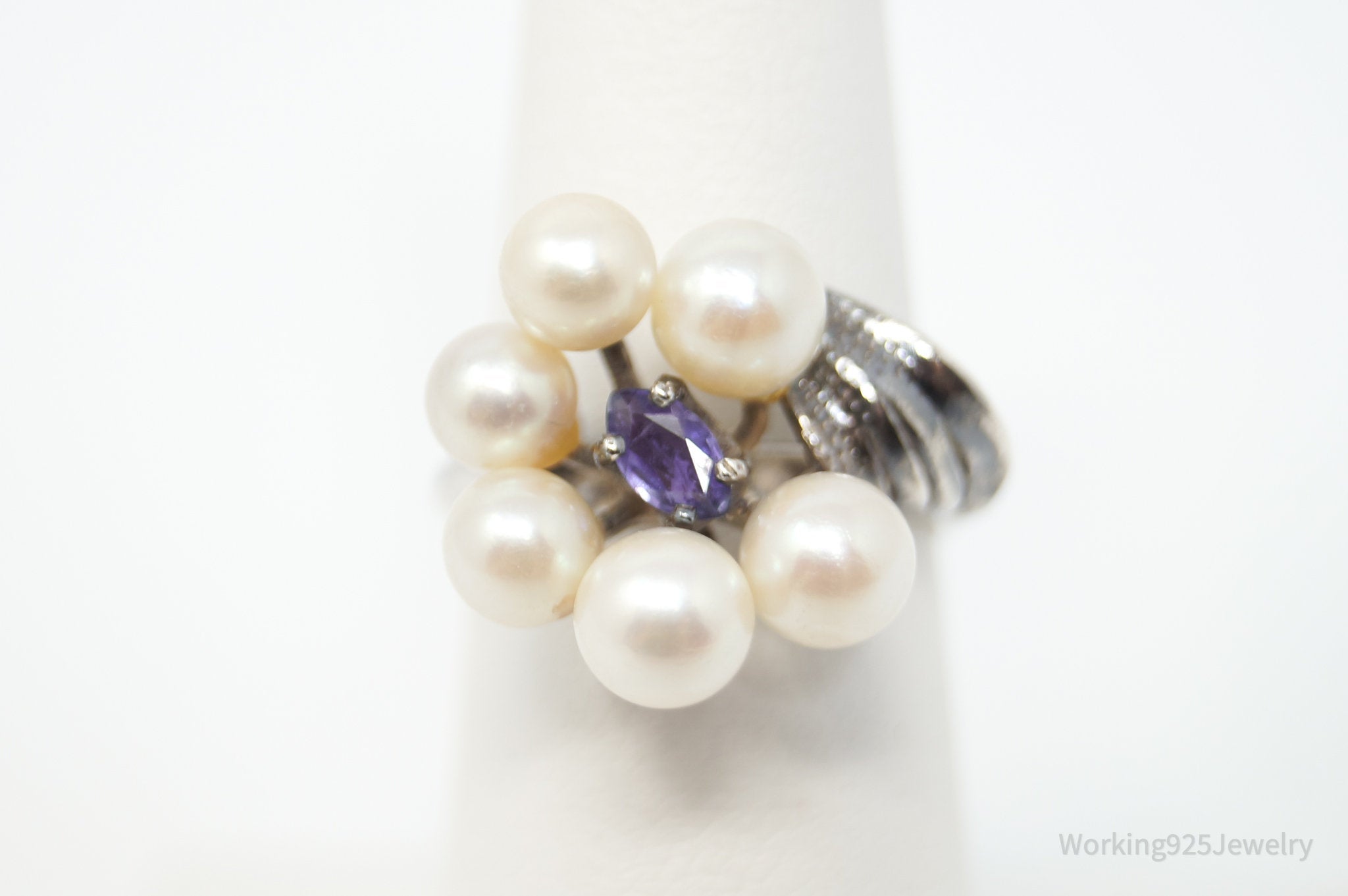 Antique Amethyst Pearl Sterling Silver Ring - Sz 6.25