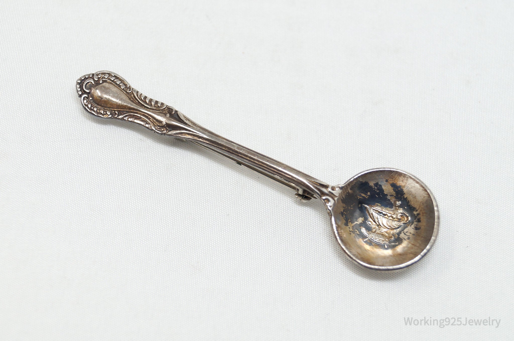 Antique Southern Colonial Fine Arts Floral Spoon Sterling Silver Brooch Pin