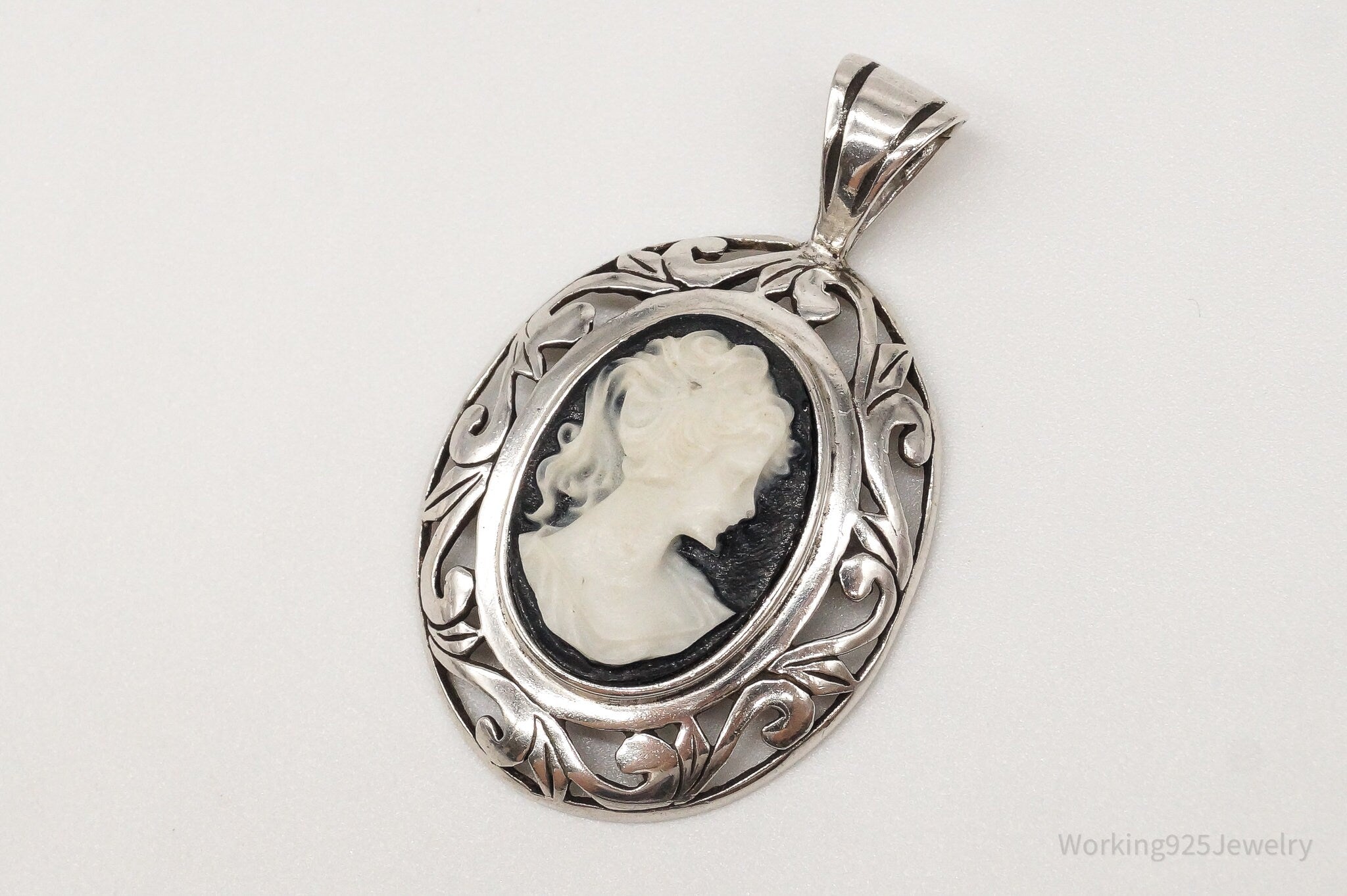 Vintage Designer Jezlaine Carved Cameo Woman Sterling Silver Pendant