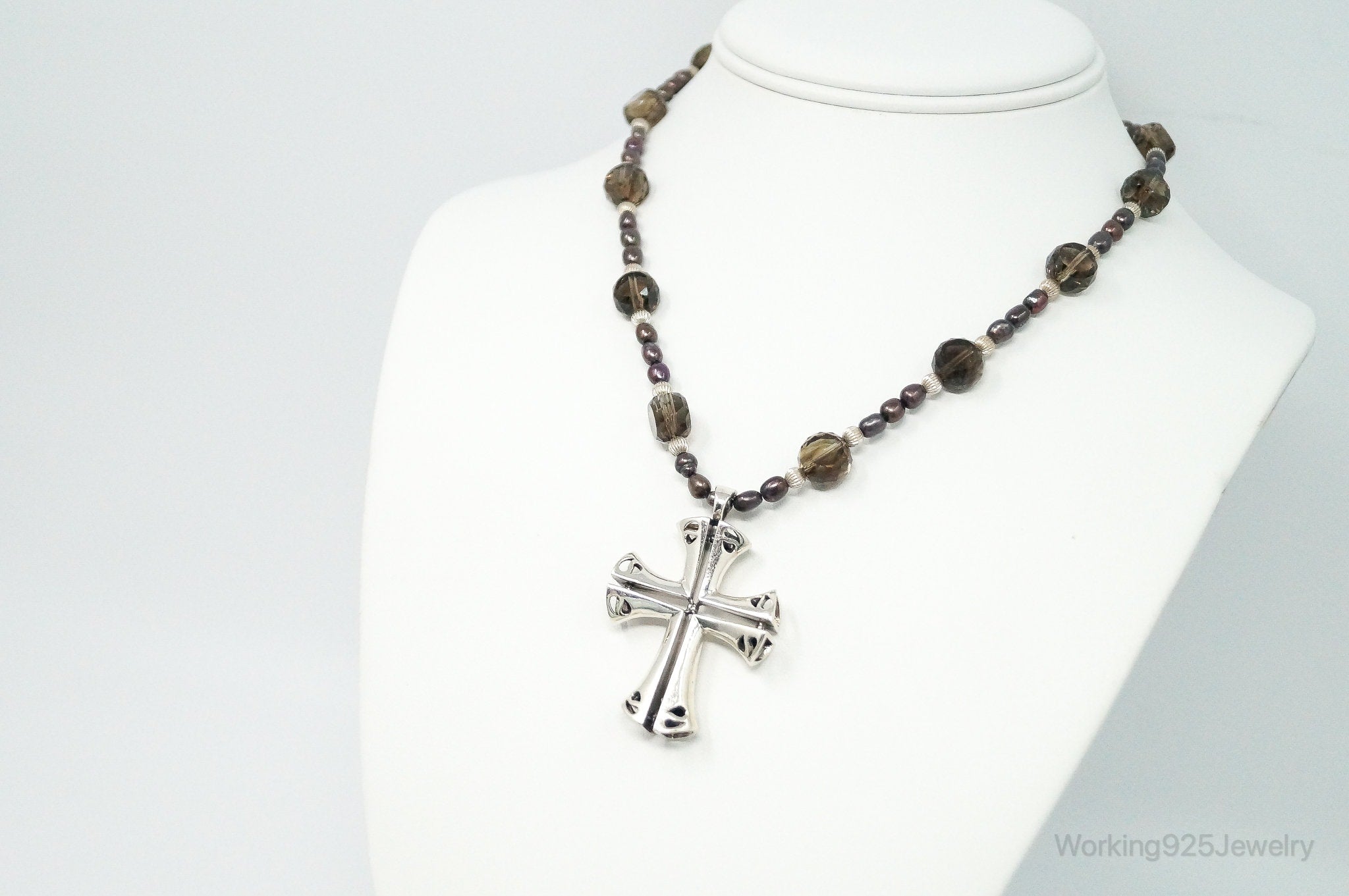 Designer Large Cross Smoky Topaz Pearl Sterling Silver Necklace