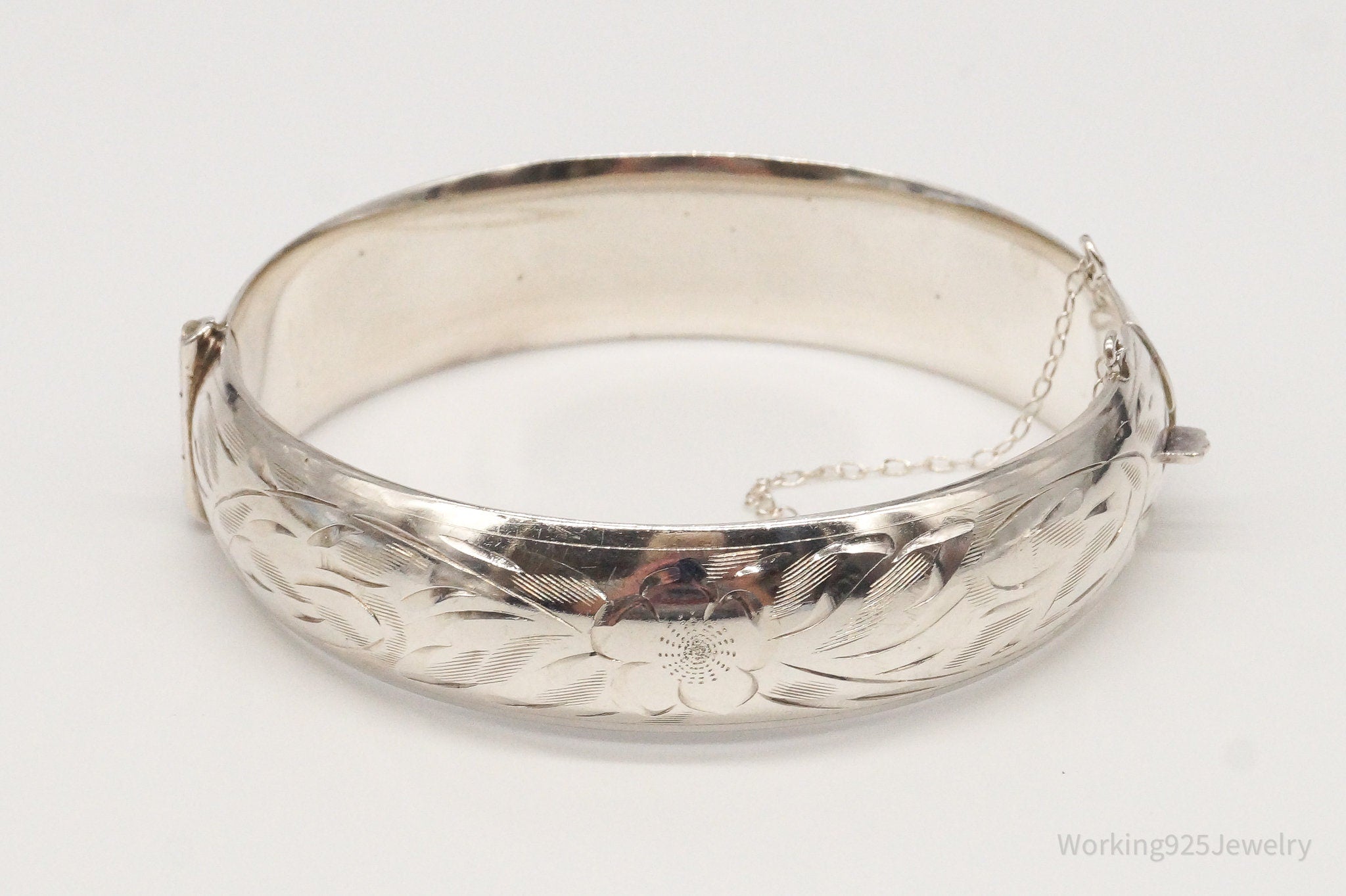 Vintage Ladye Fayre Floral Etched Sterling Silver Bangle Hinged Bracelet