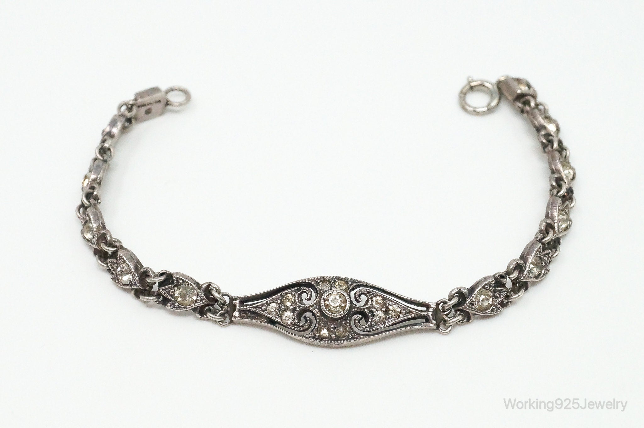 RARE Antique Art Deco Designer Rhinestone Sterling Silver Bracelet