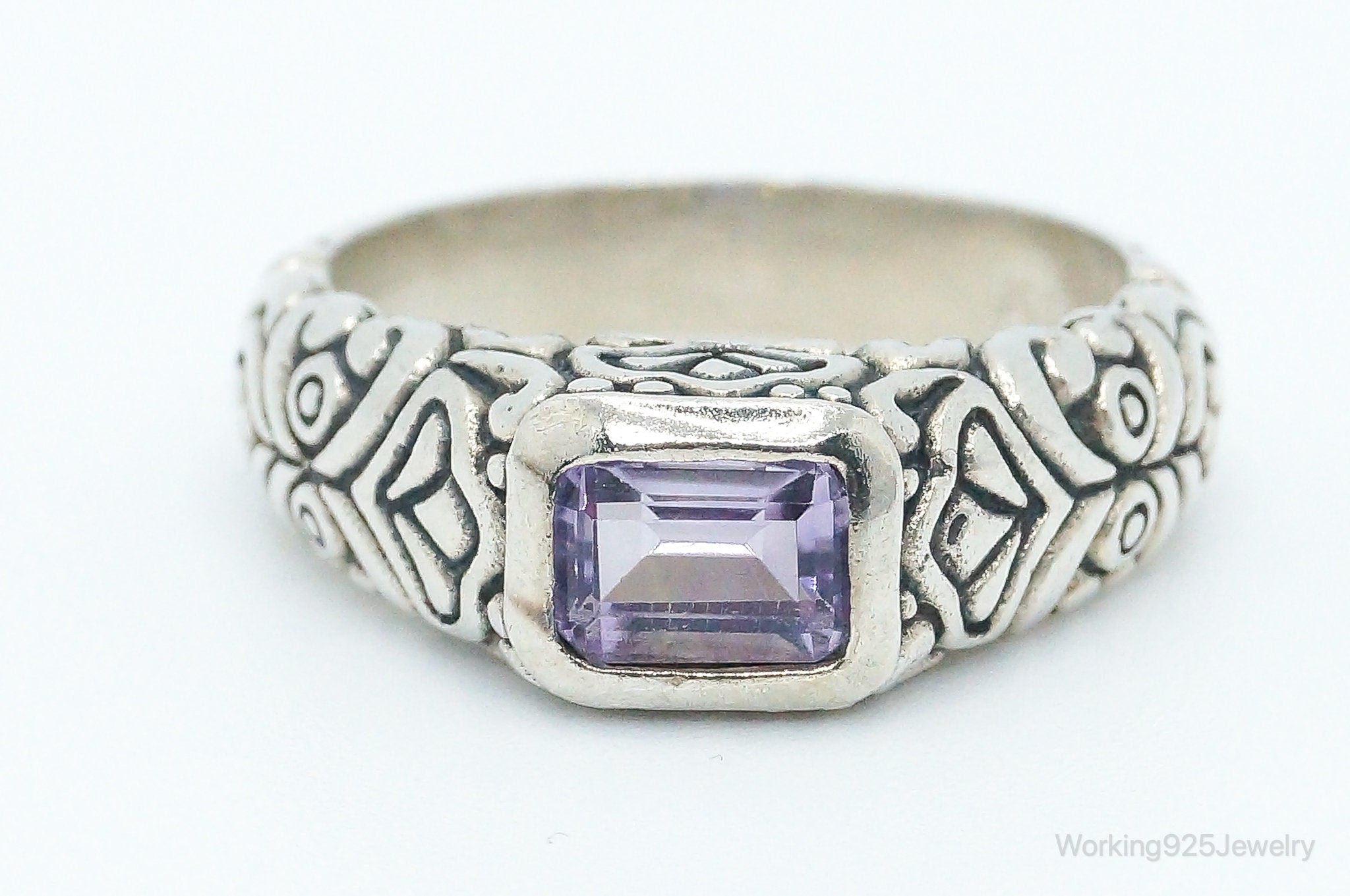 Vintage Amethyst Art Deco Scroll Sterling Silver Ring - Size 8.75