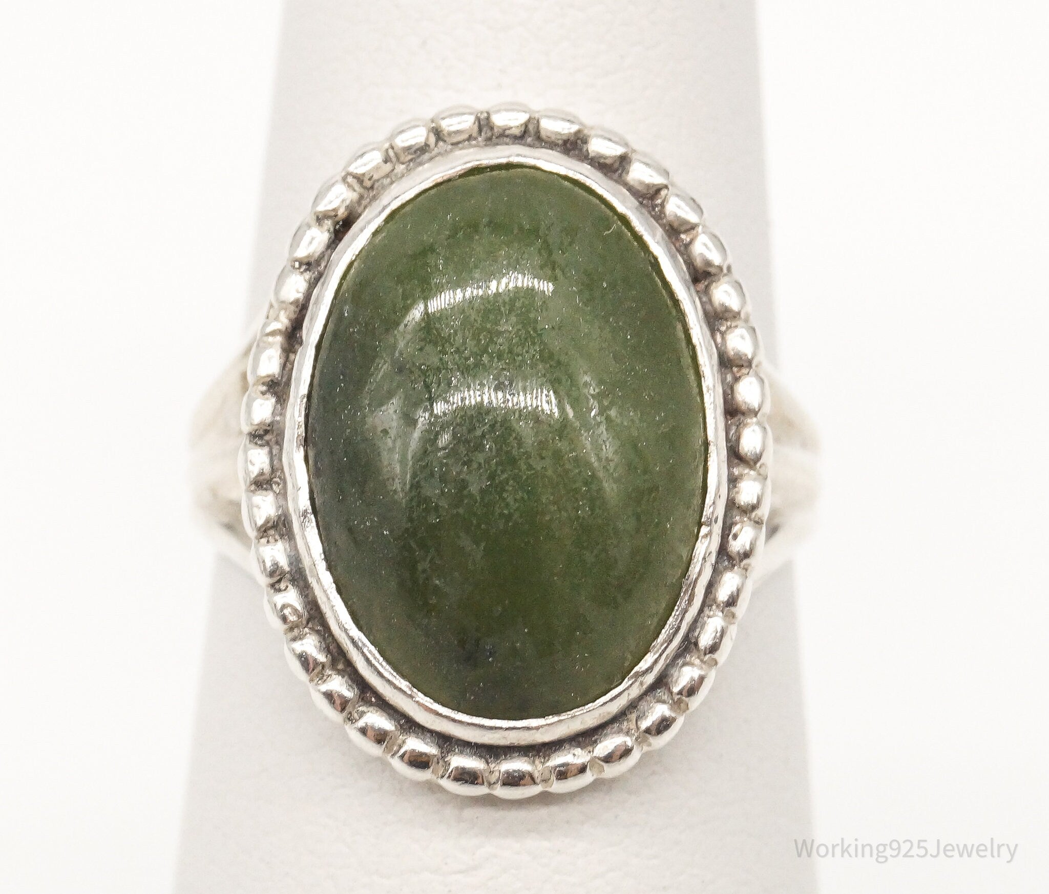 Rare Antique RE Babcock Nephrite Jade Sterling Silver Ring - Size 3.5