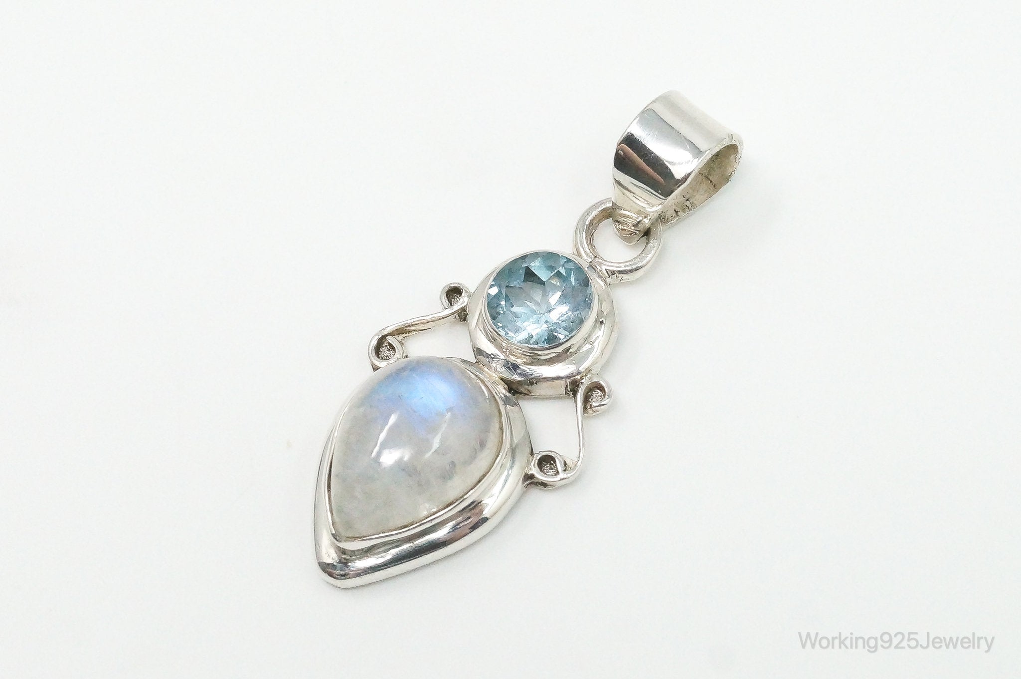 Large Designer Supreme Jewelers Blue Topaz Moonstone Sterling Necklace Pendant