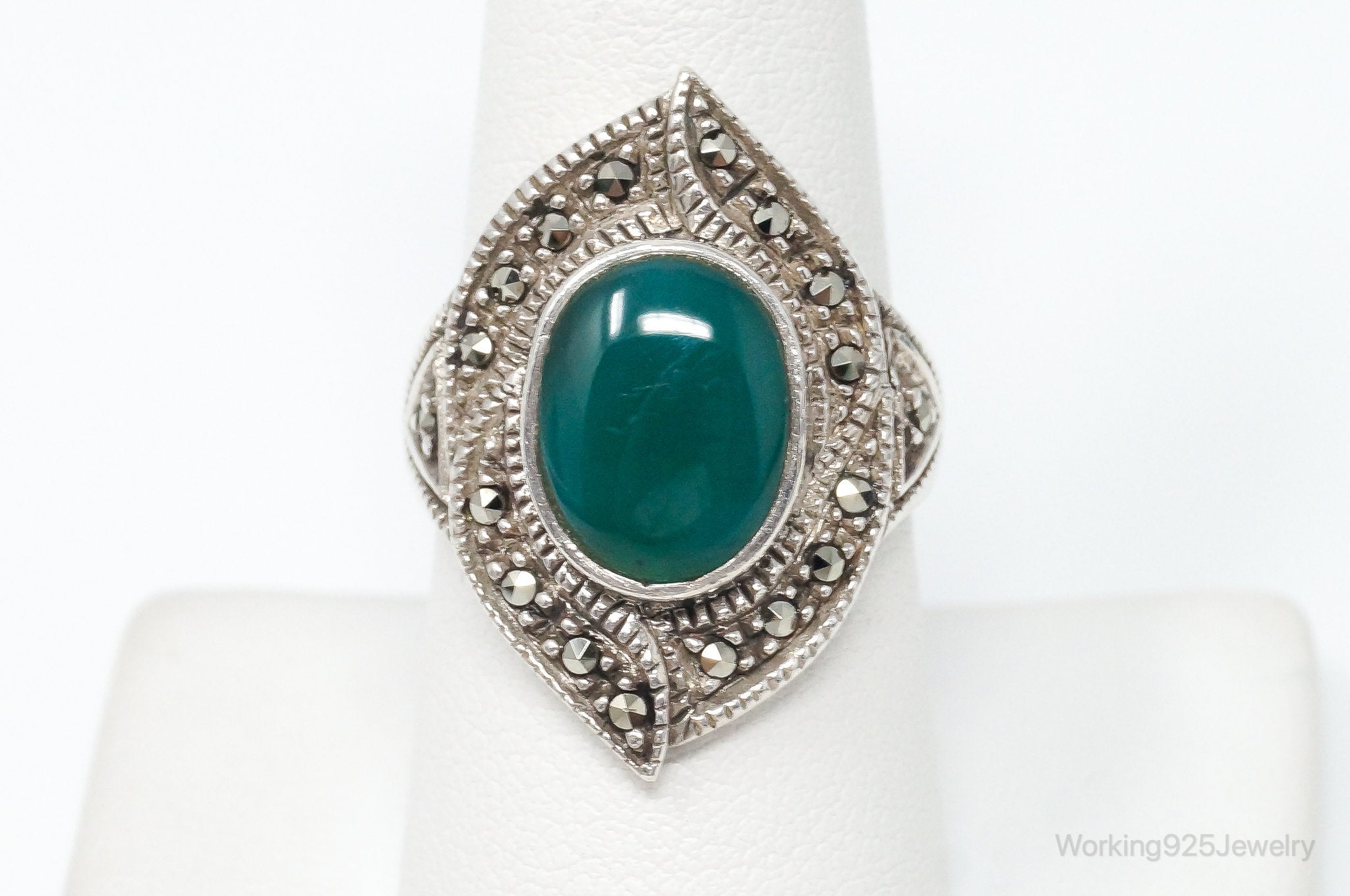 Vintage Green Chrysoprase Marcasite Sterling Silver Ring - SZ 8