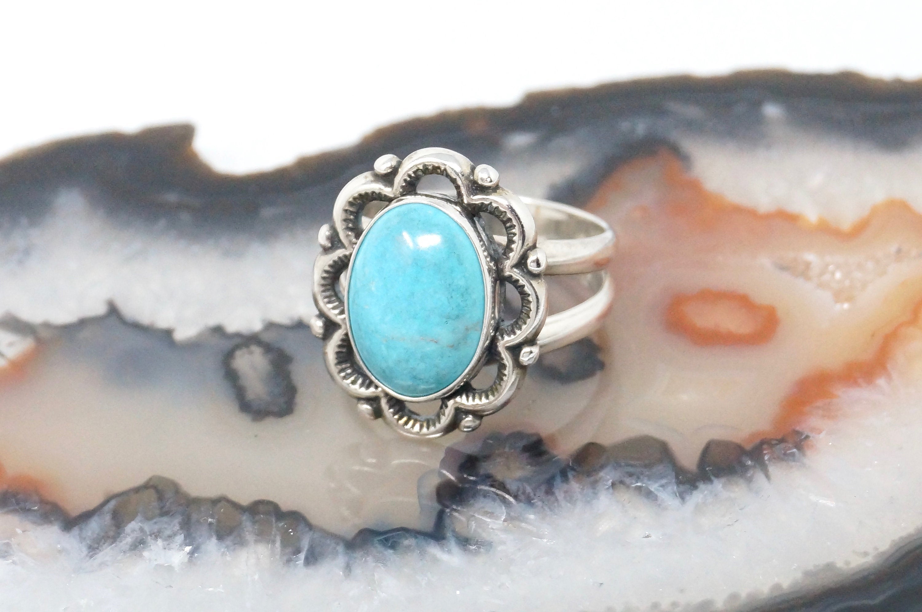 Vintage Designer QT Blue Turquoise Southwestern Sterling Silver Ring - Size 7