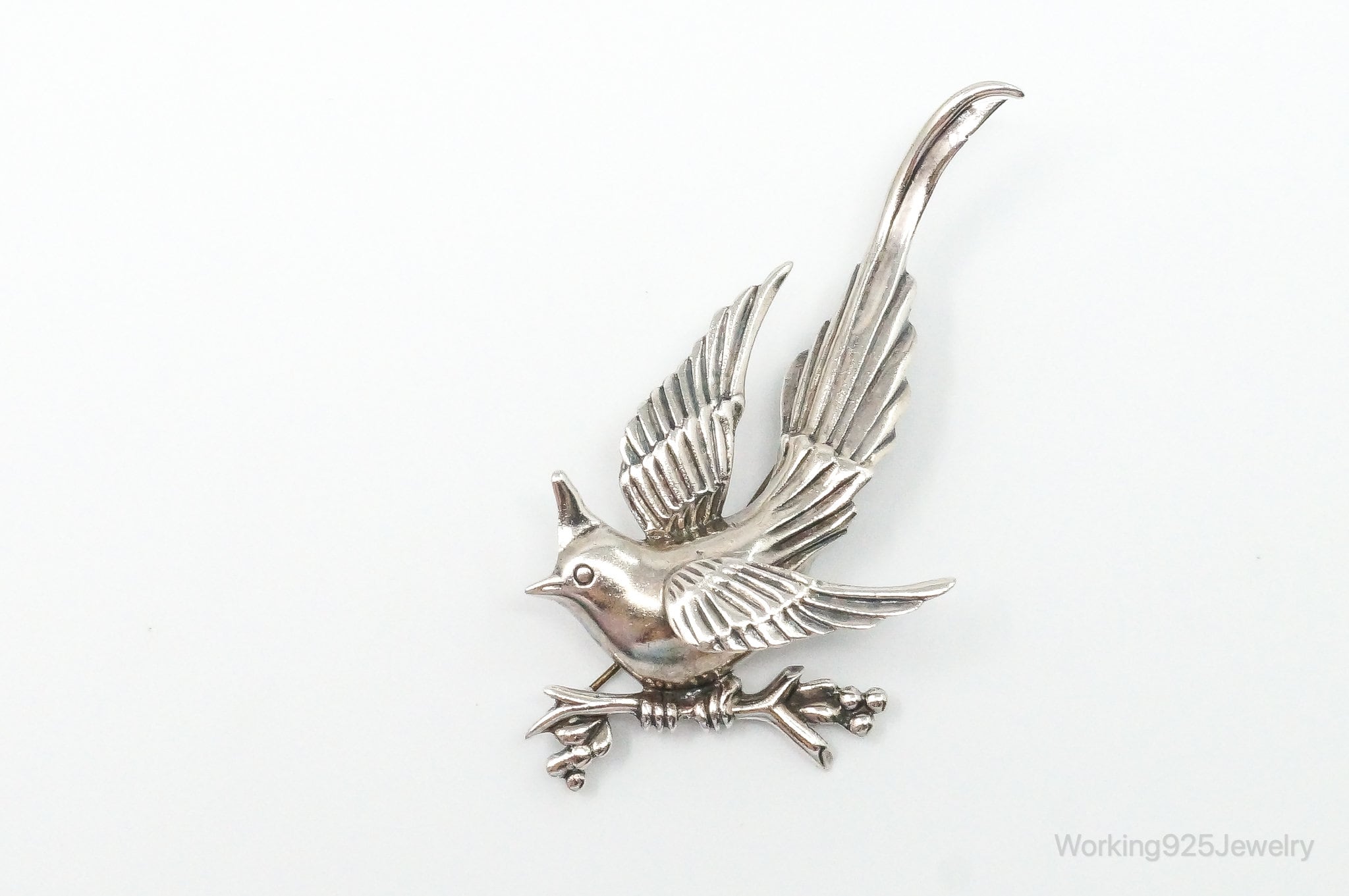 Large Heavy Vintage Mexico Perched Bird Silver Brooch Pin