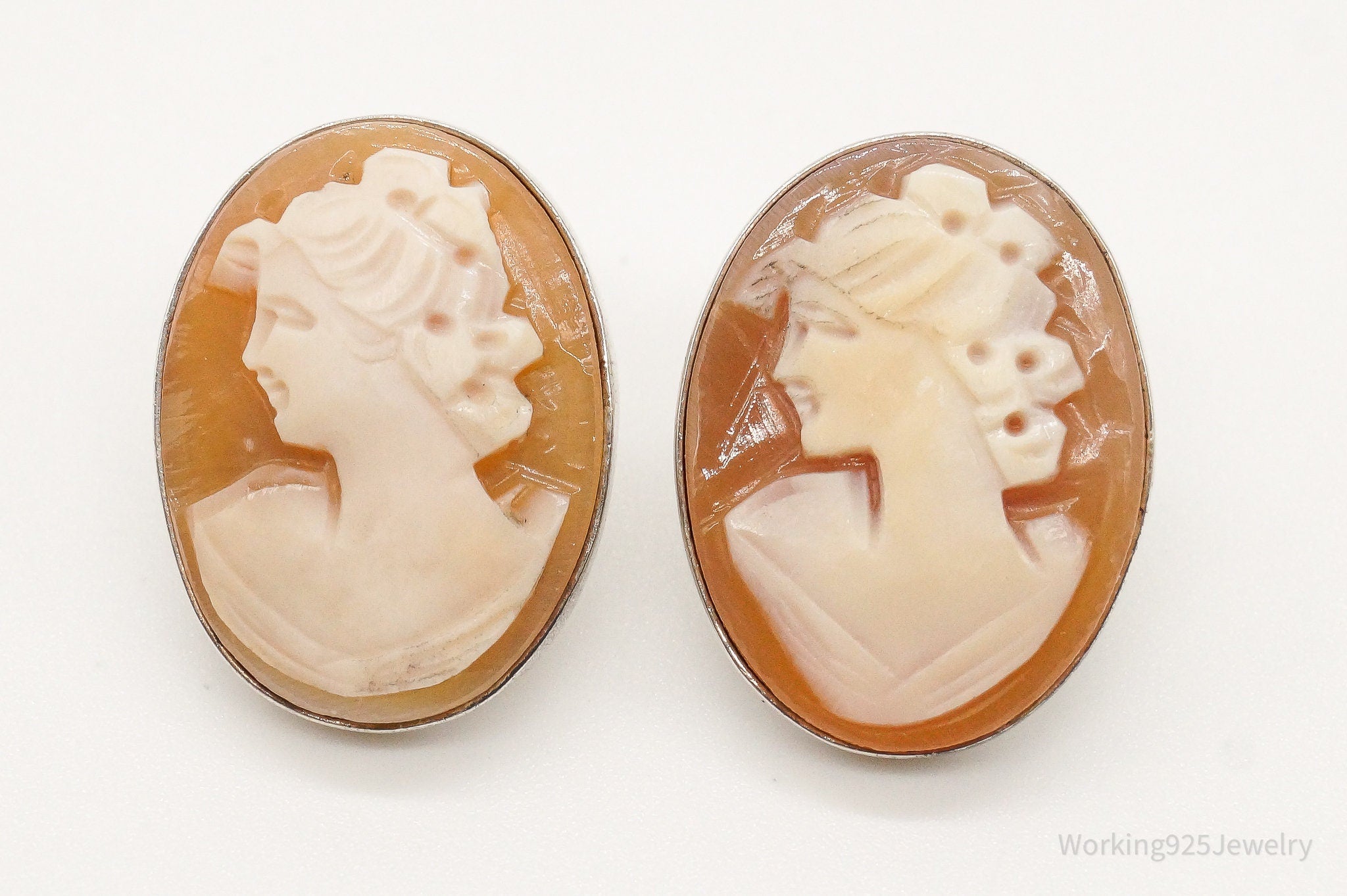 Vintage Carved Shell Woman Cameo Sterling Silver Earrings