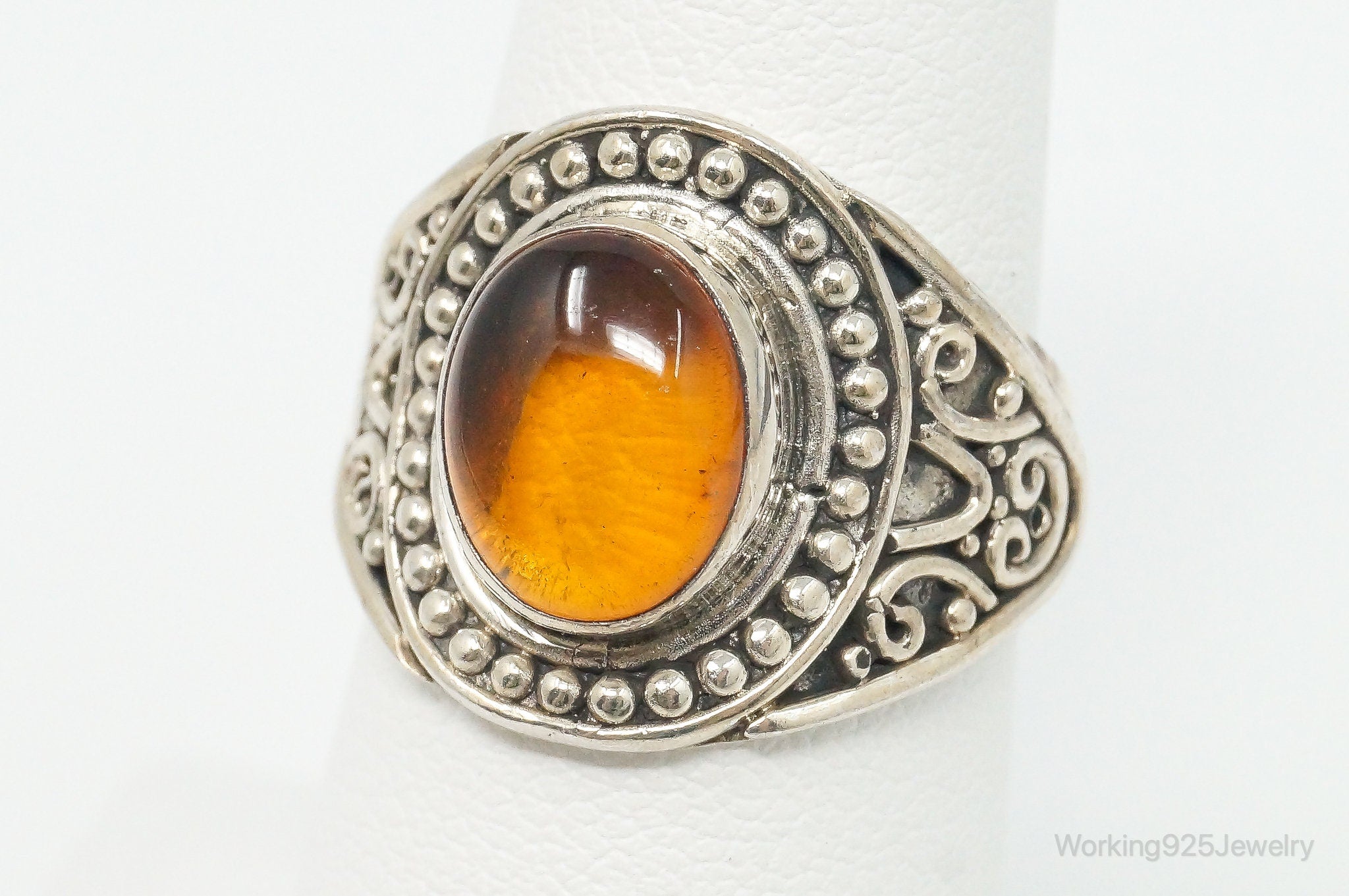 Vintage Amber Sterling Silver Ring - Size 7