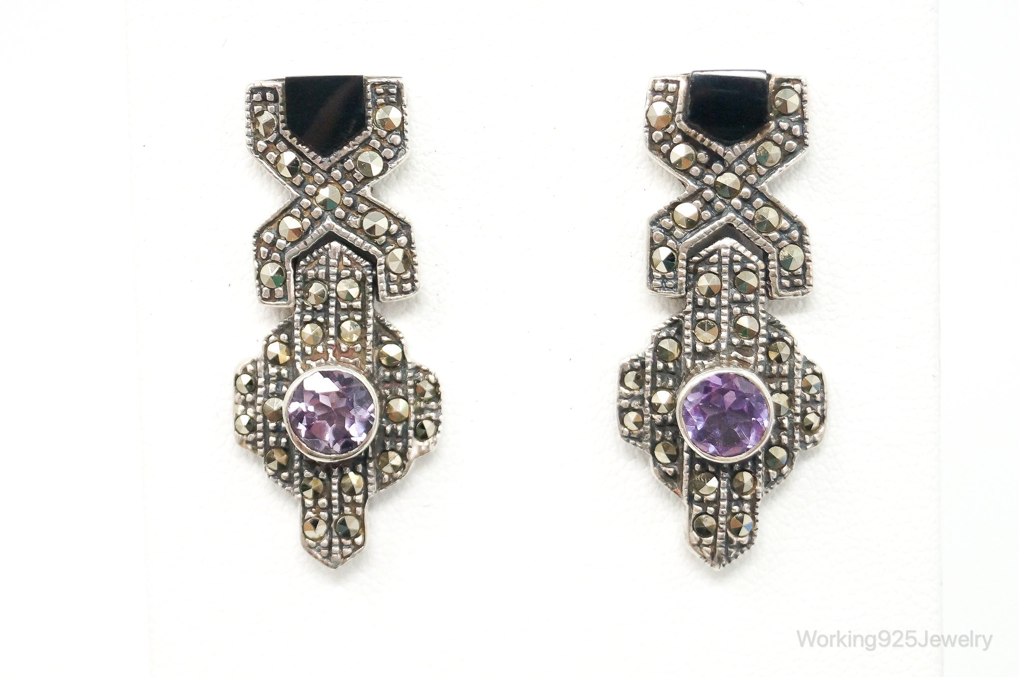 Vintage Amethyst Black Onyx Marcasite Sterling Silver Earrings