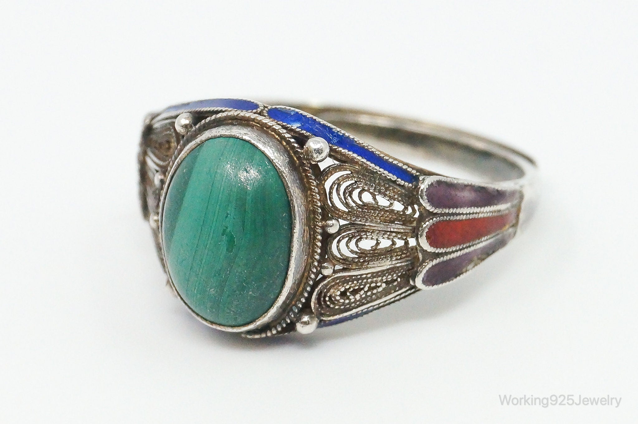 Vintage Chinese Malachite Enamel Filigree Silver Ring - Size 6.5