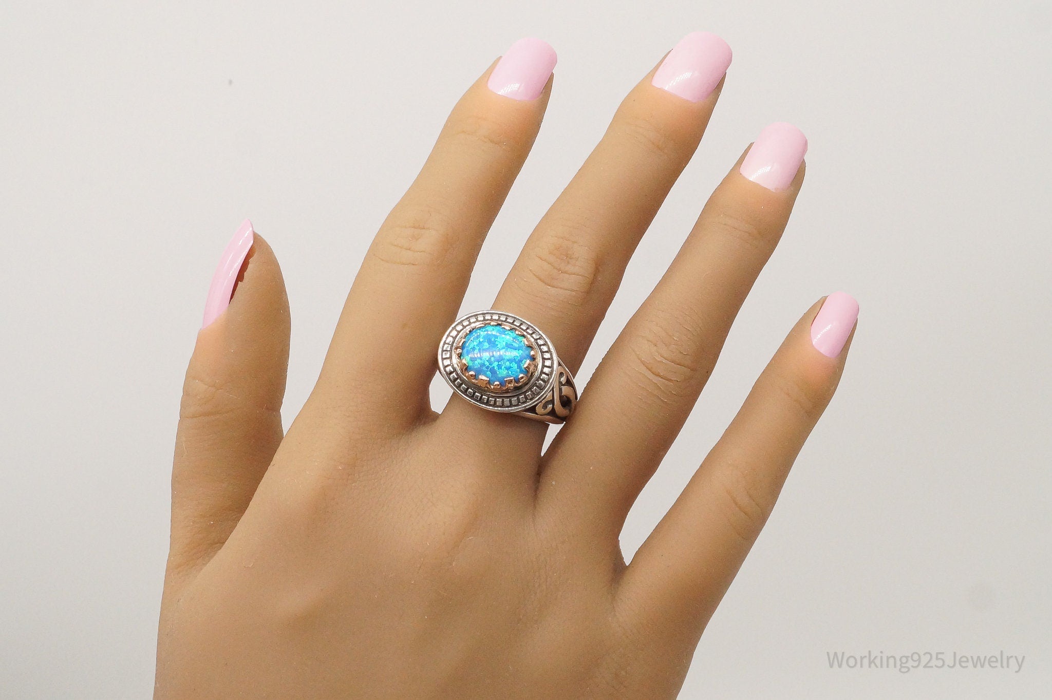 Vintage Blue Opal Rose Gold Vermeil Sterling Silver Ring - Size 10.75