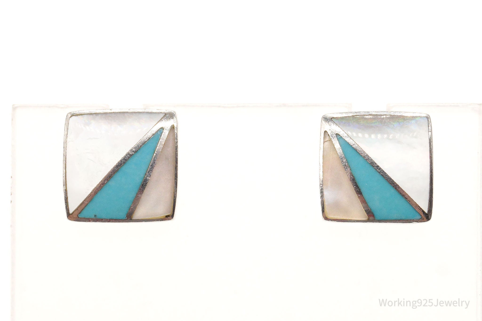 Vintage 90s Designer Acleoni Mother Of Pearl Turquoise Sterling Silver Earrings