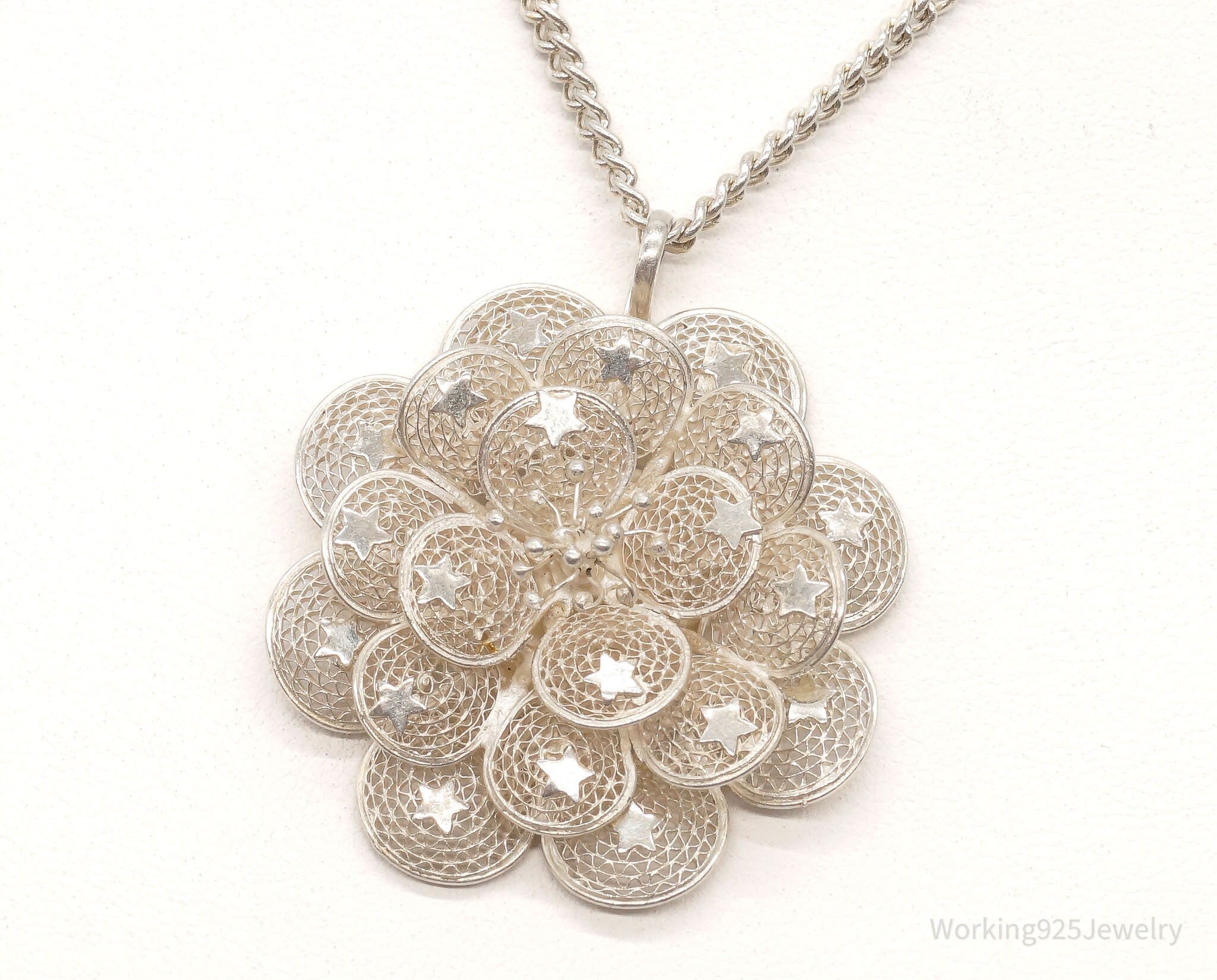 Vintage Large Filigree Flower Star Petals Silver Chain Necklace