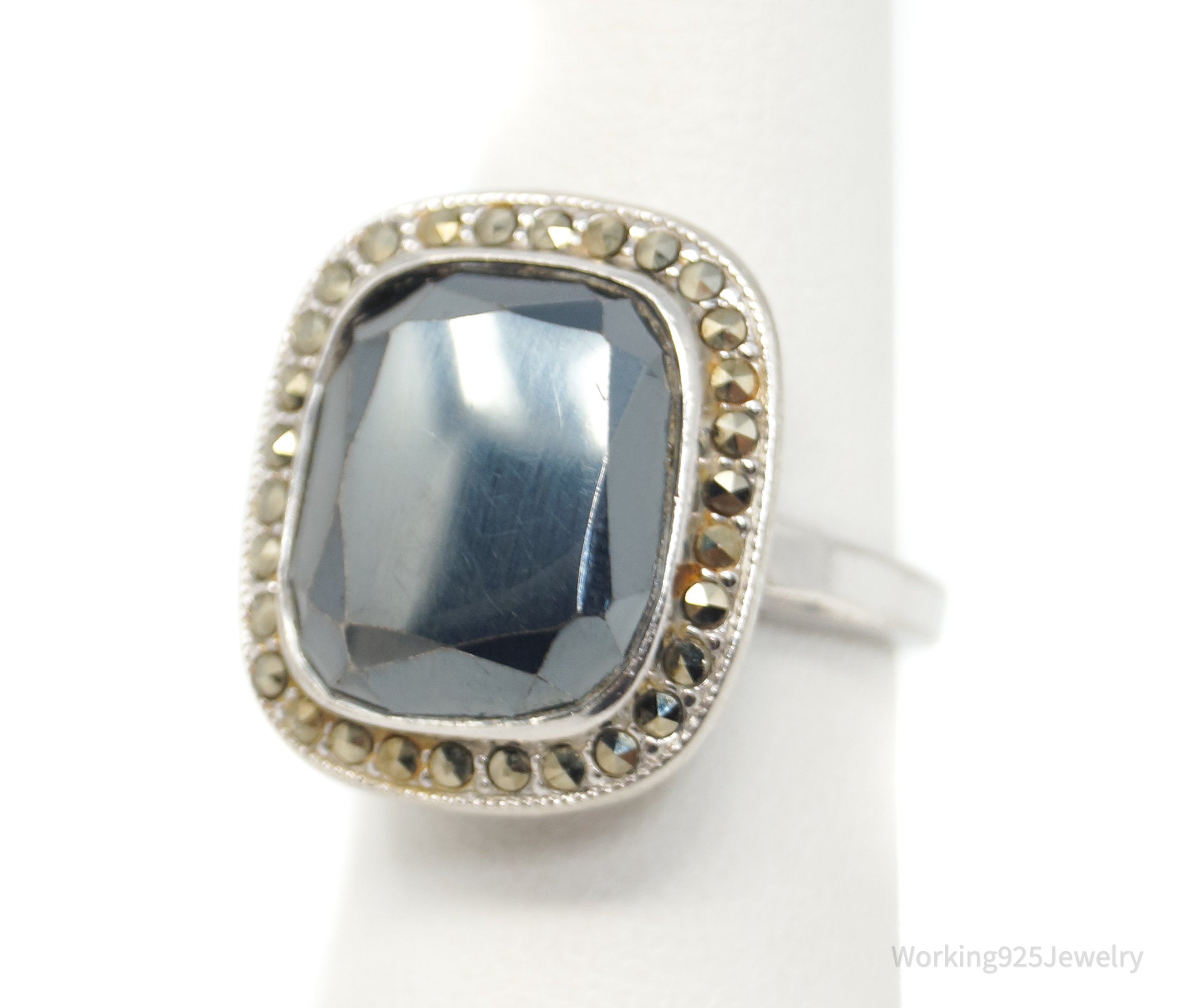 Antique Designer Hematite Marcasite Sterling Silver Ring - Sz 4.75