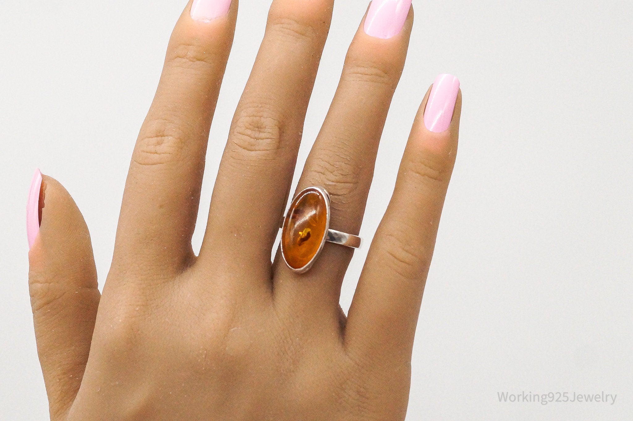 Vintage Amber Modernist Sterling Silver Ring - Size 8.25