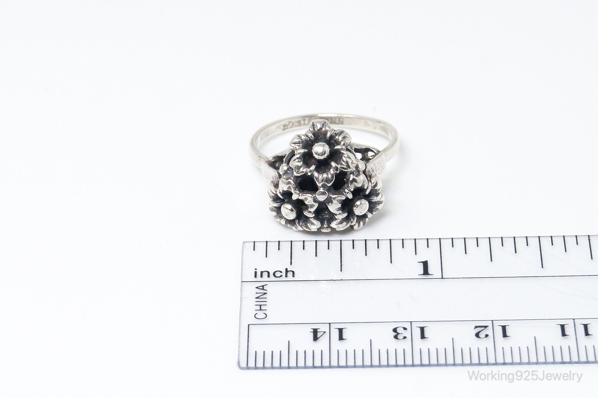 Antique Designer Floral Flowers Sterling Silver Ring - Size 7.75 Adjustable