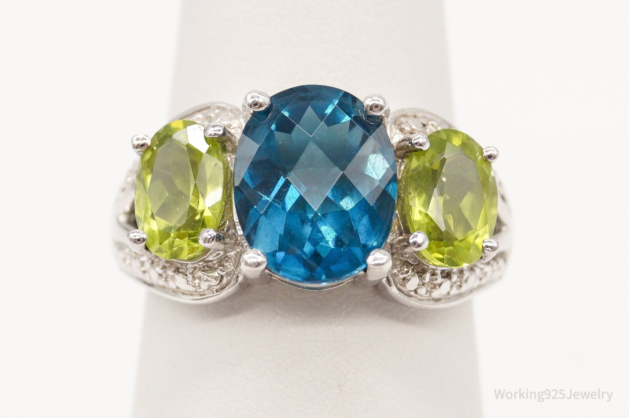 Designer CID Blue Topaz Peridot Cubic Zirconia Sterling Silver Ring - Size 6.25