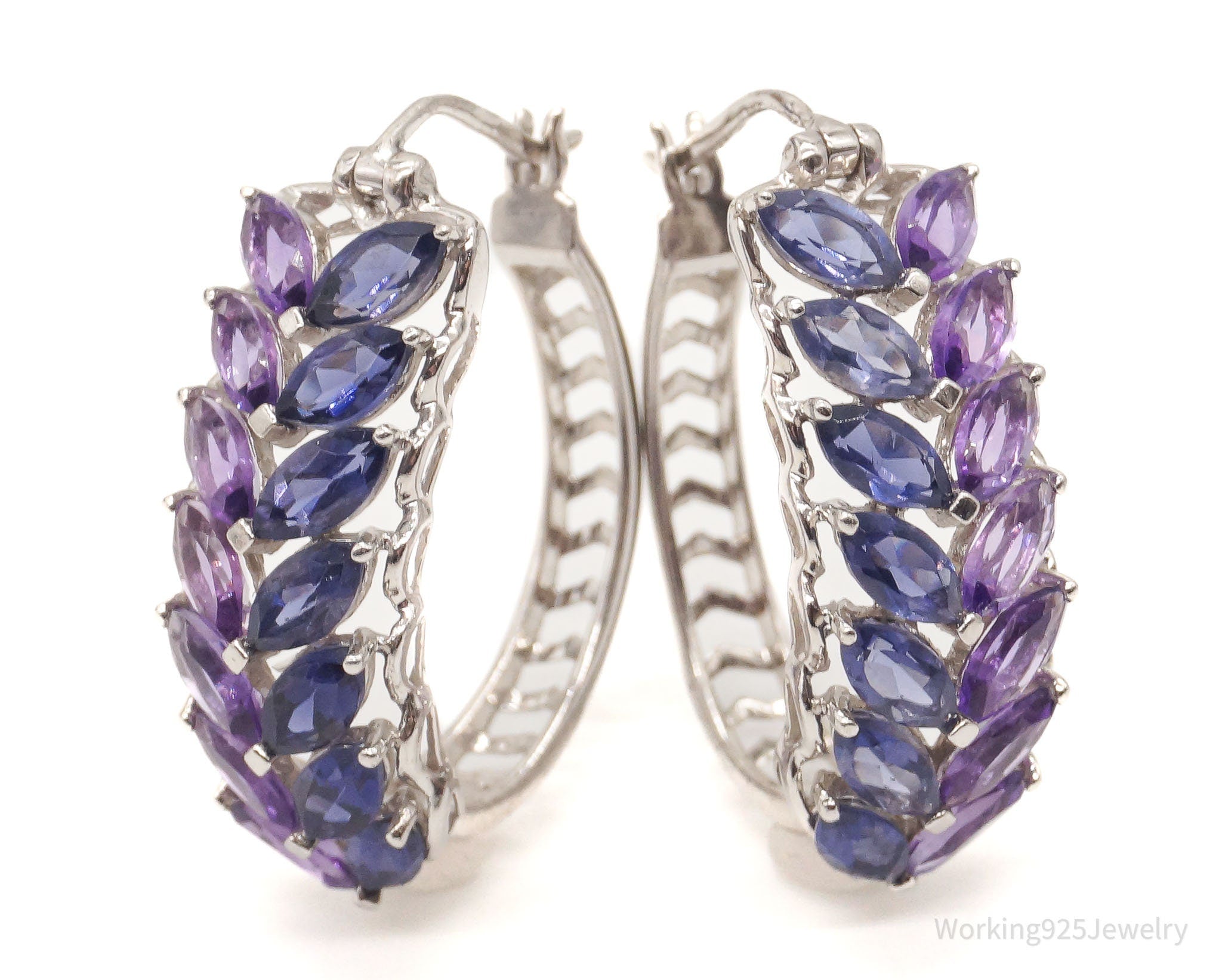 Vintage Amethyst Iolite Sterling Silver Hoop Earrings