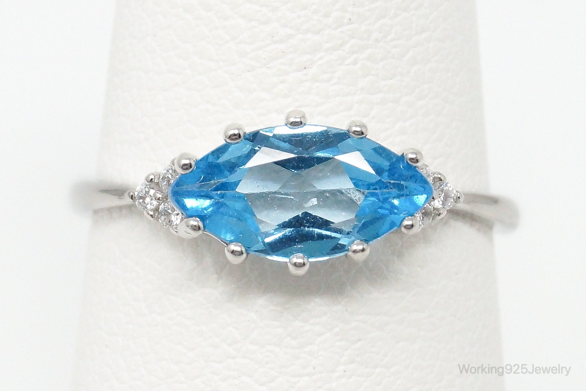 Vintage Blue Topaz Cubic Zirconia Sterling Silver Ring - Size 6.5 Adjustable