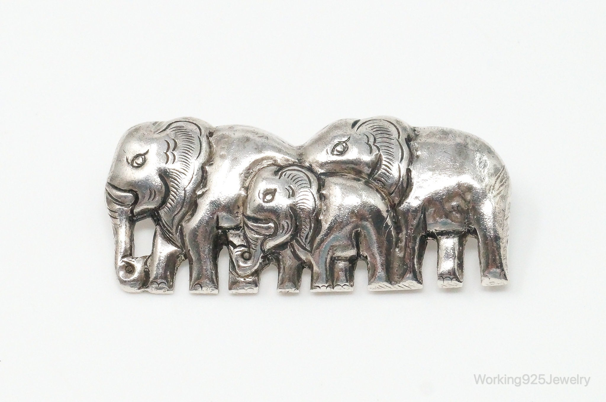 Vintage Elephant Family Sterling Silver Brooch Pin