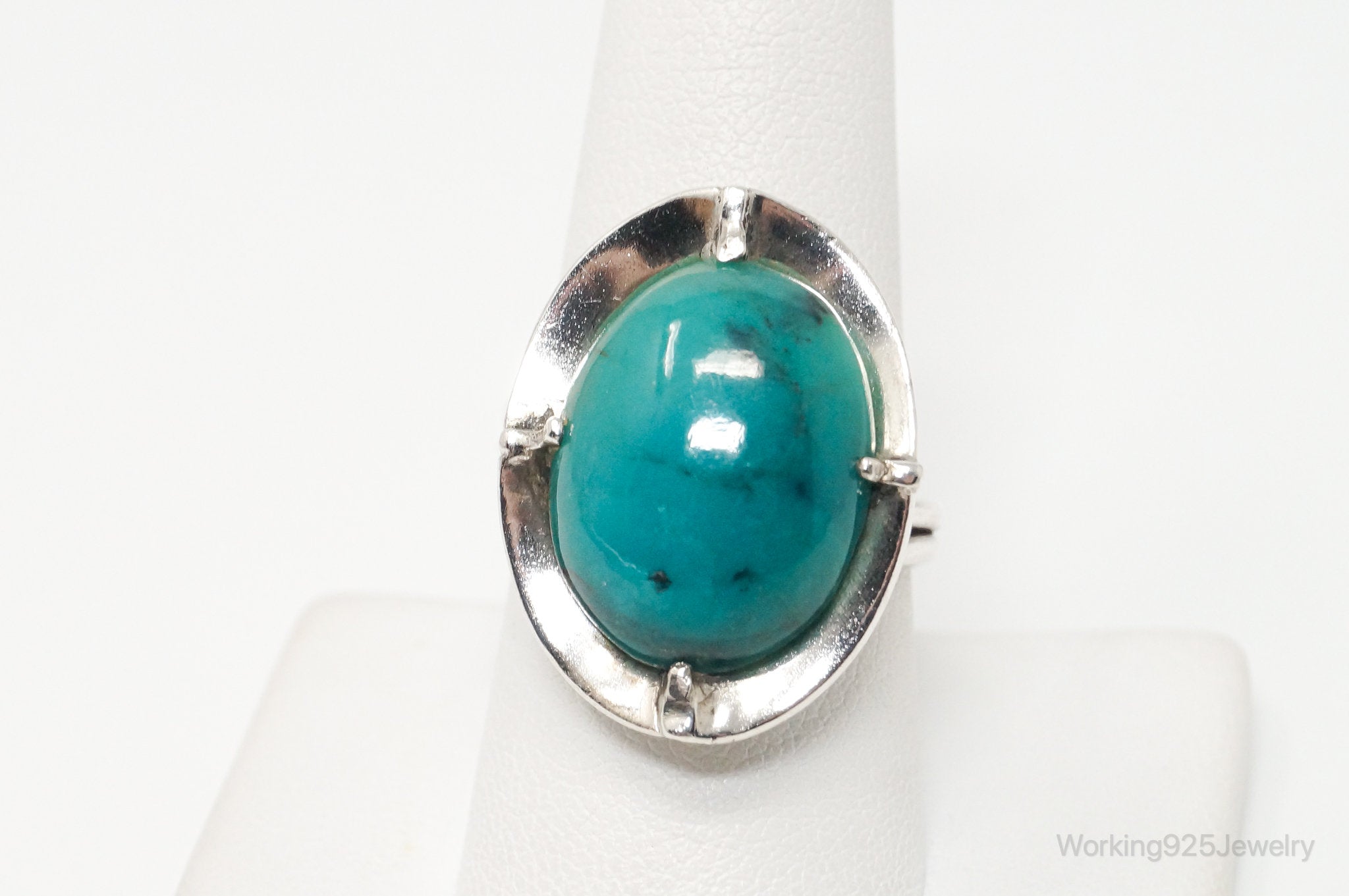 Vintage Large Blue Peruvian Opal Sterling Silver Statement Ring - Size 9.5