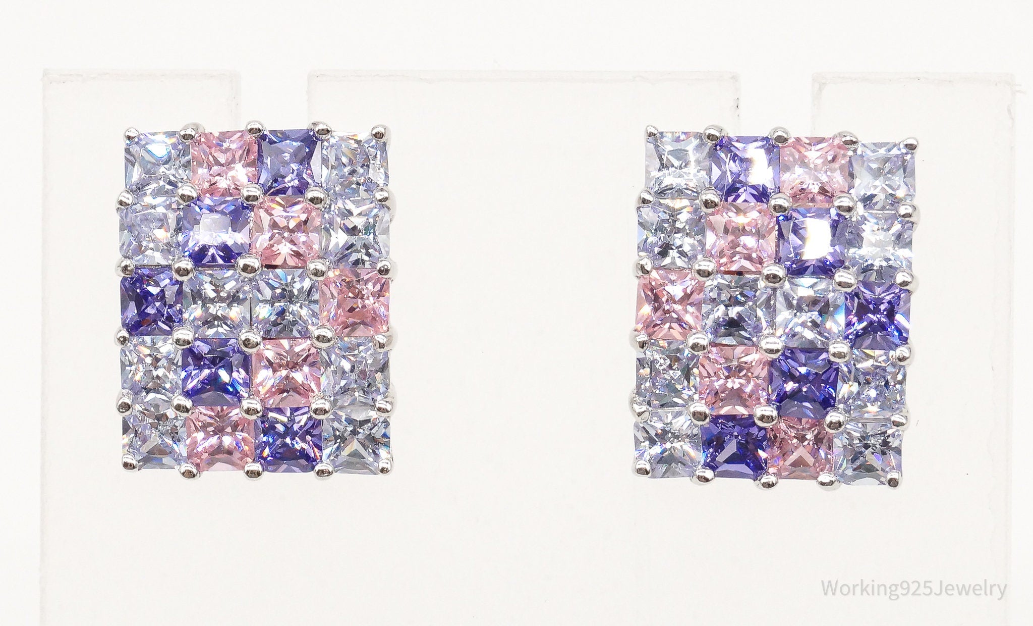 Vintage Designer White Pink & Purple Cubic Zirconia Sterling Silver Earrings