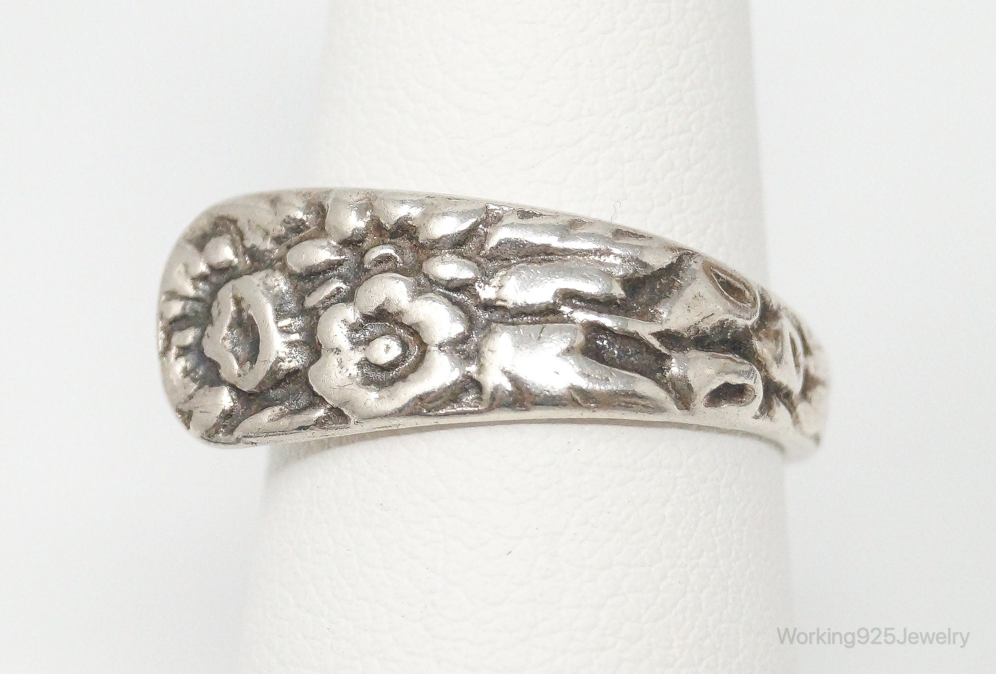 Antique Floral Repousse Sterling Silver Wrap Spoon Ring Adjustable - Size 6